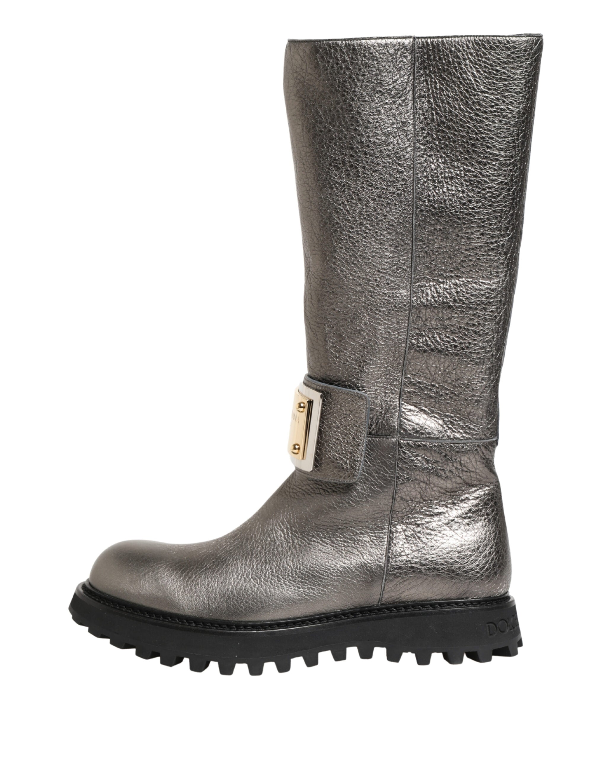 Metallic Silver Leather Mid Calf Boots Shoes - ventzia