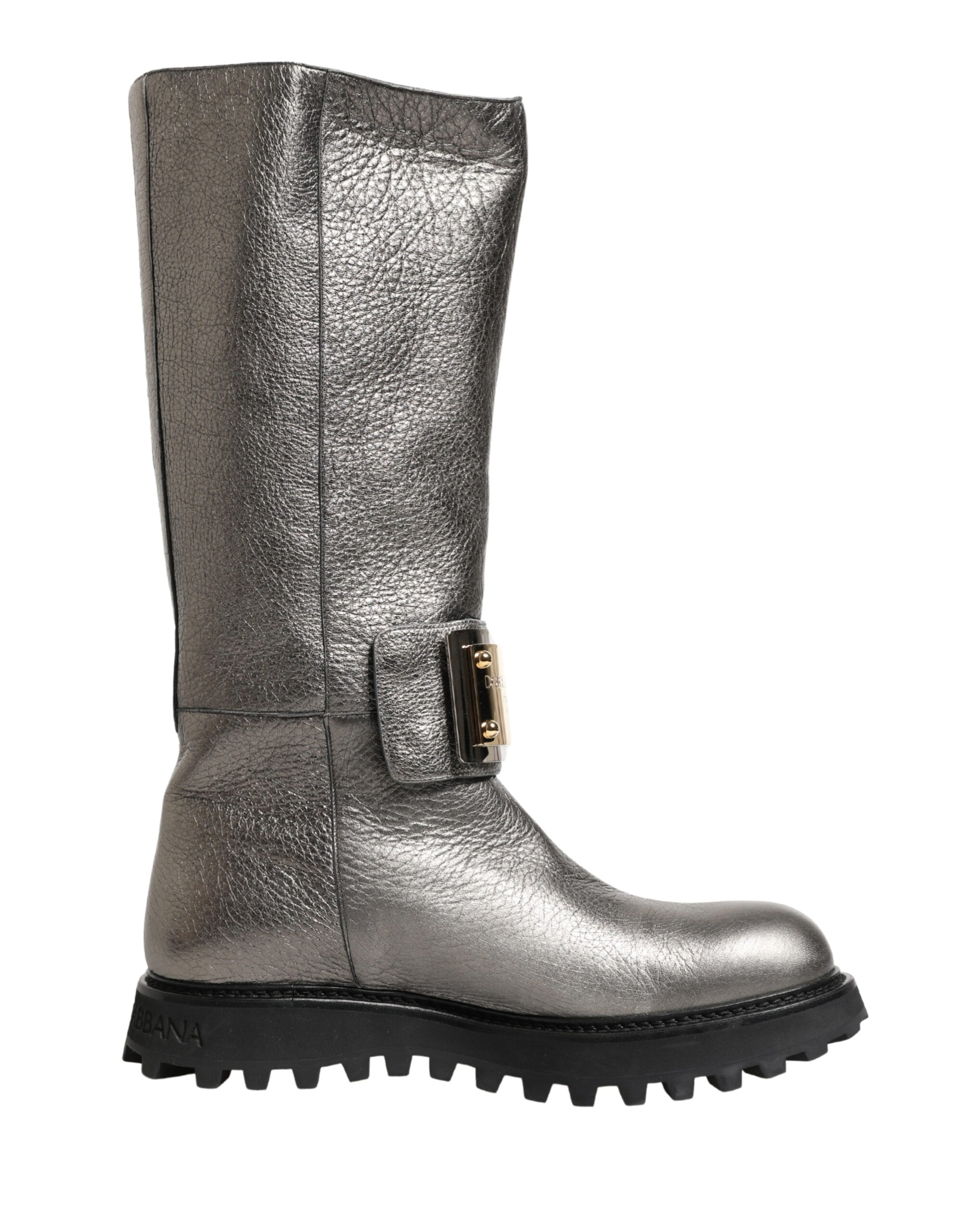 Metallic Silver Leather Mid Calf Boots Shoes - ventzia