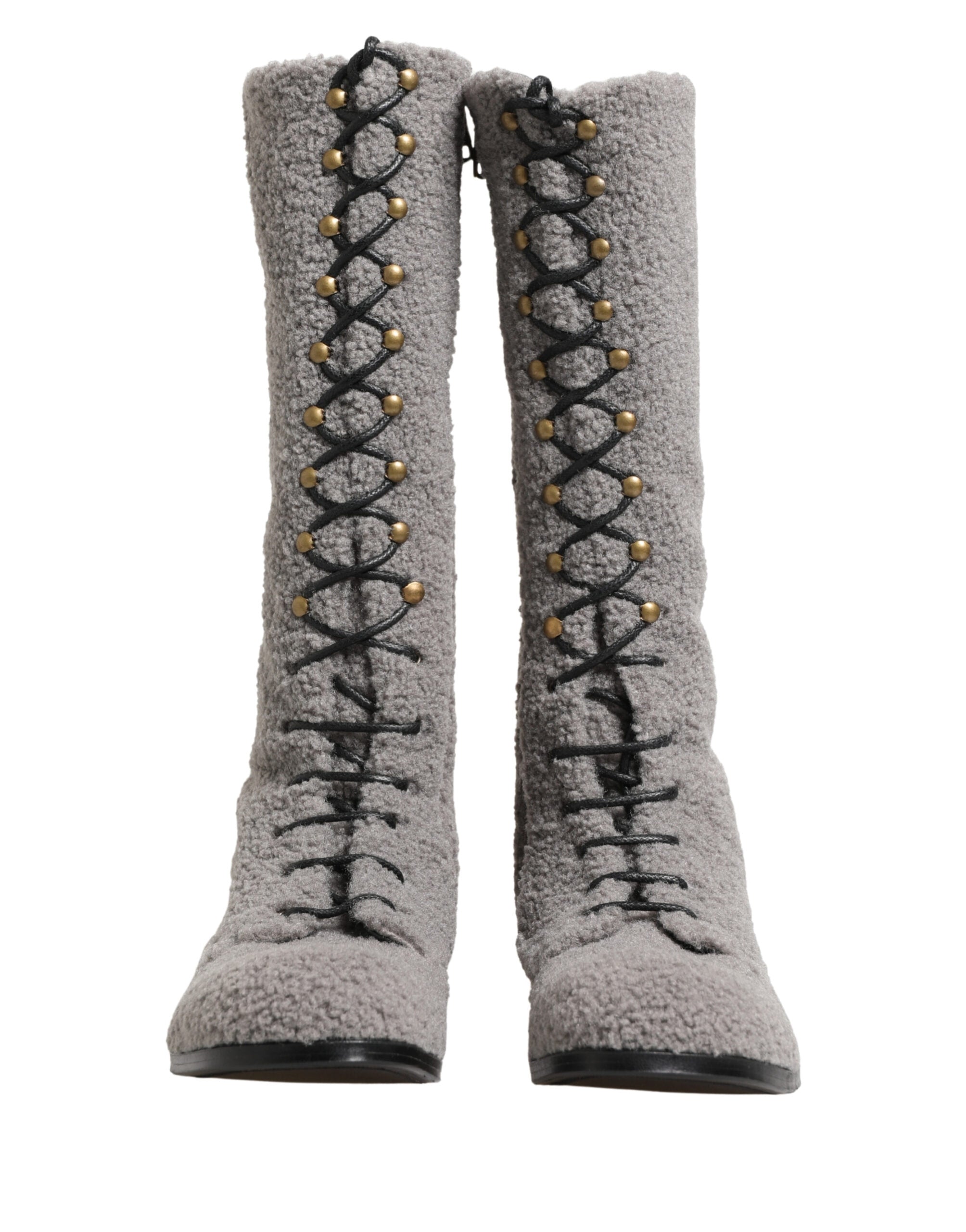 Gray Shearling Lace Up Knee High Boots Shoes - ventzia