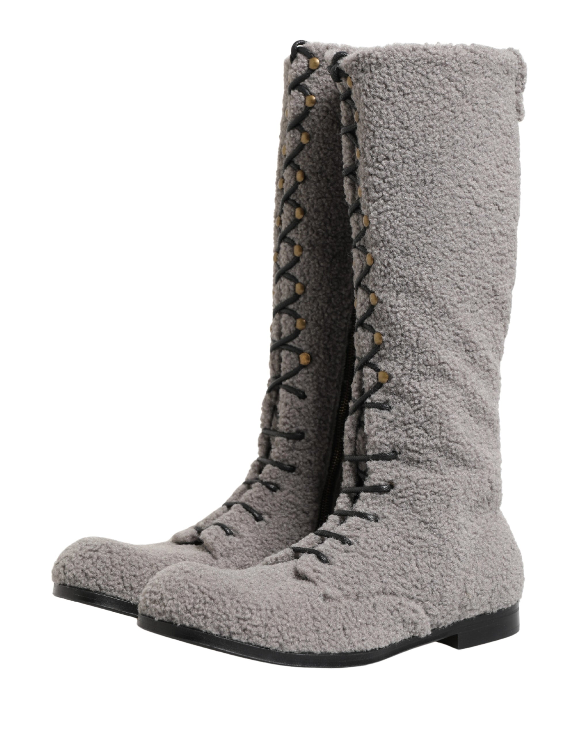 Gray Shearling Lace Up Knee High Boots Shoes - ventzia