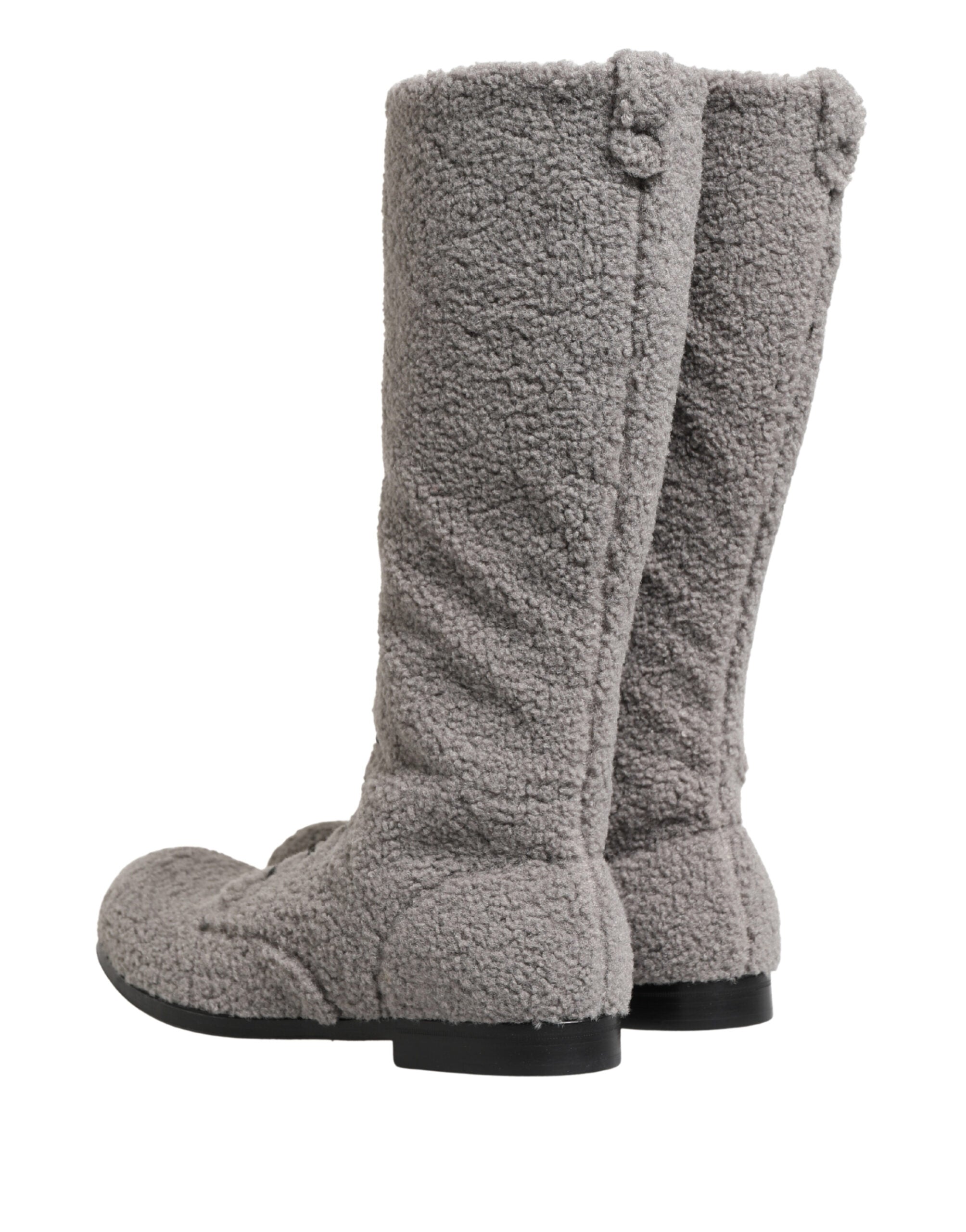 Gray Shearling Lace Up Knee High Boots Shoes - ventzia