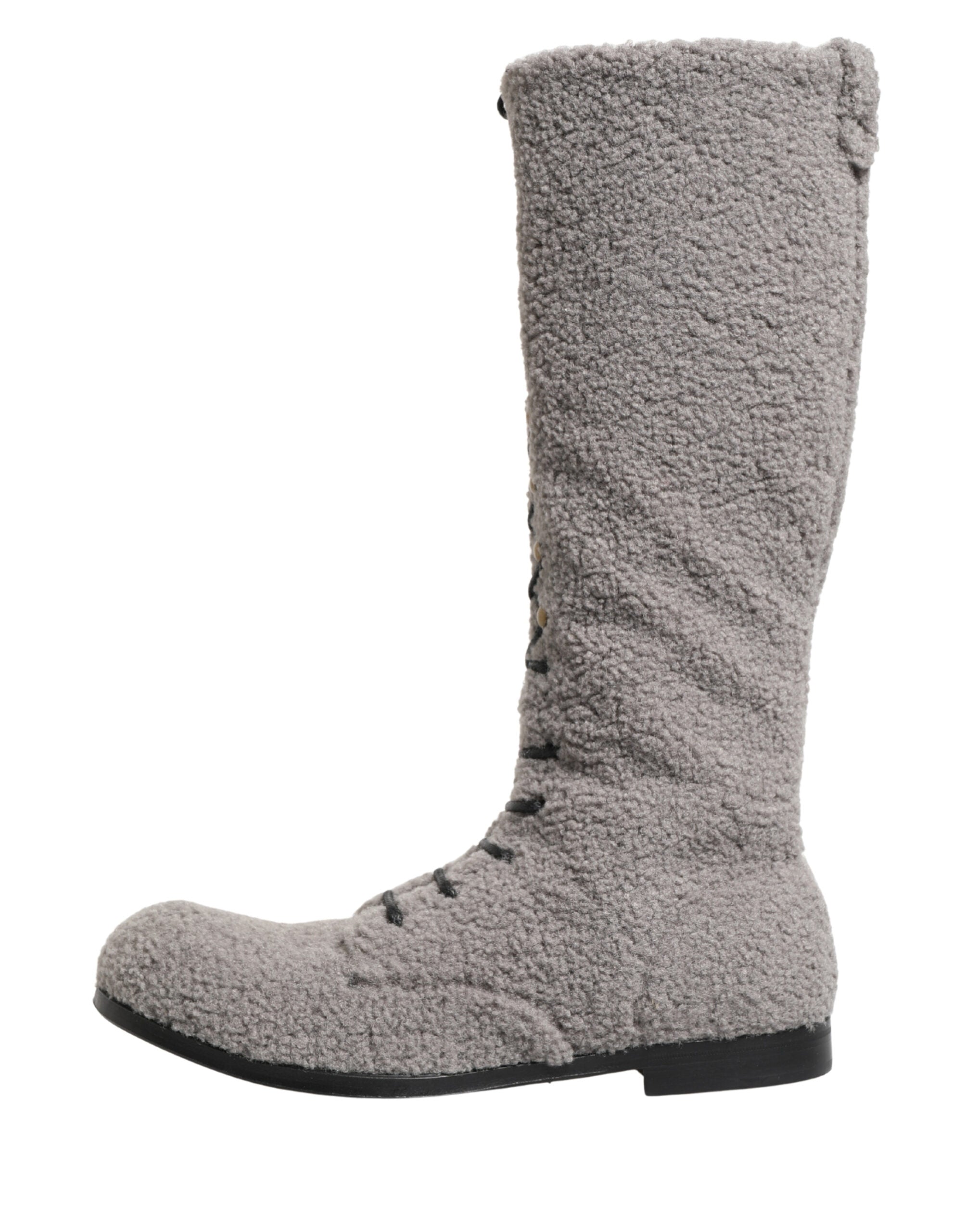 Gray Shearling Lace Up Knee High Boots Shoes - ventzia