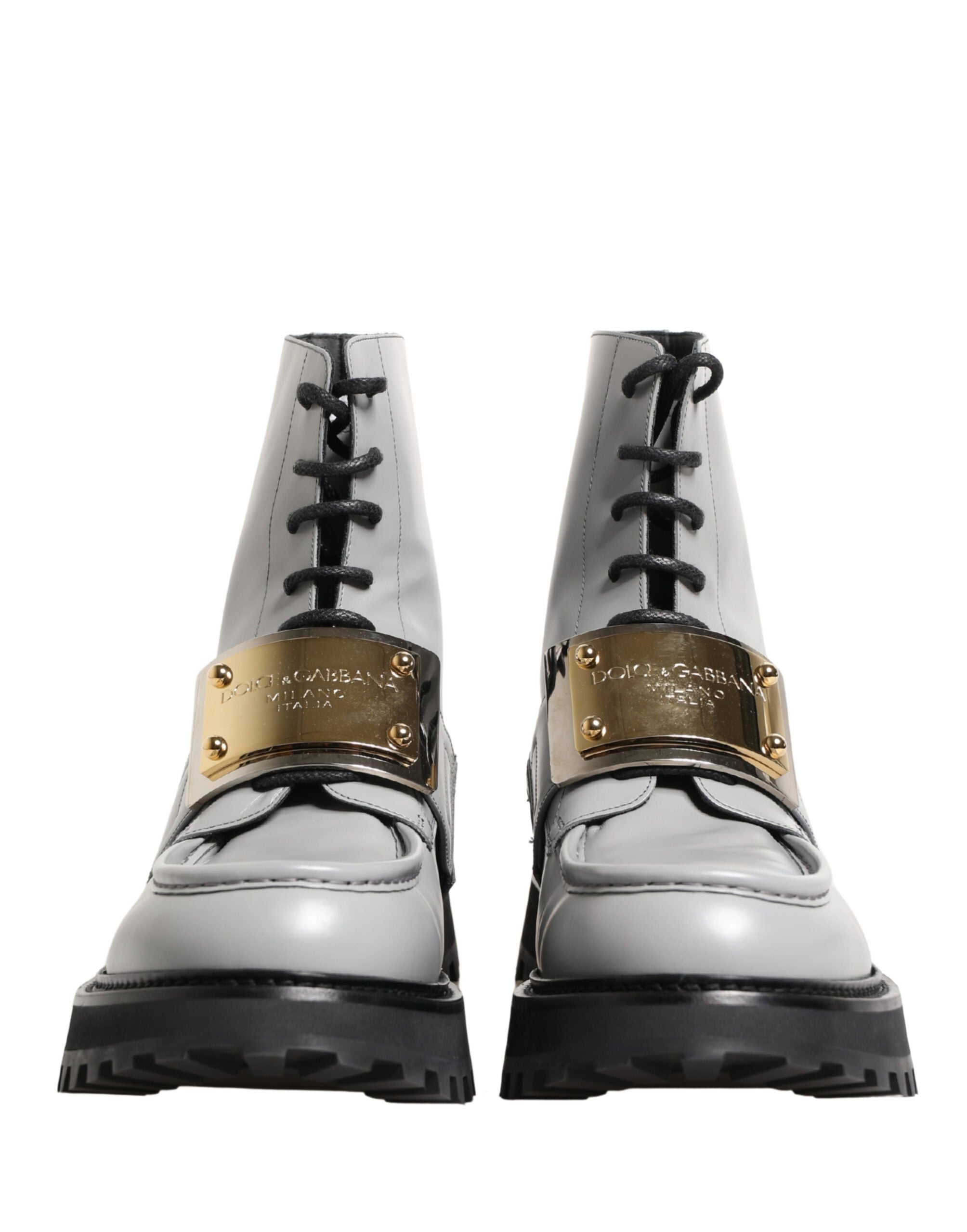 Gray Leather Logo Plaque Ankle Boots Shoes - ventzia