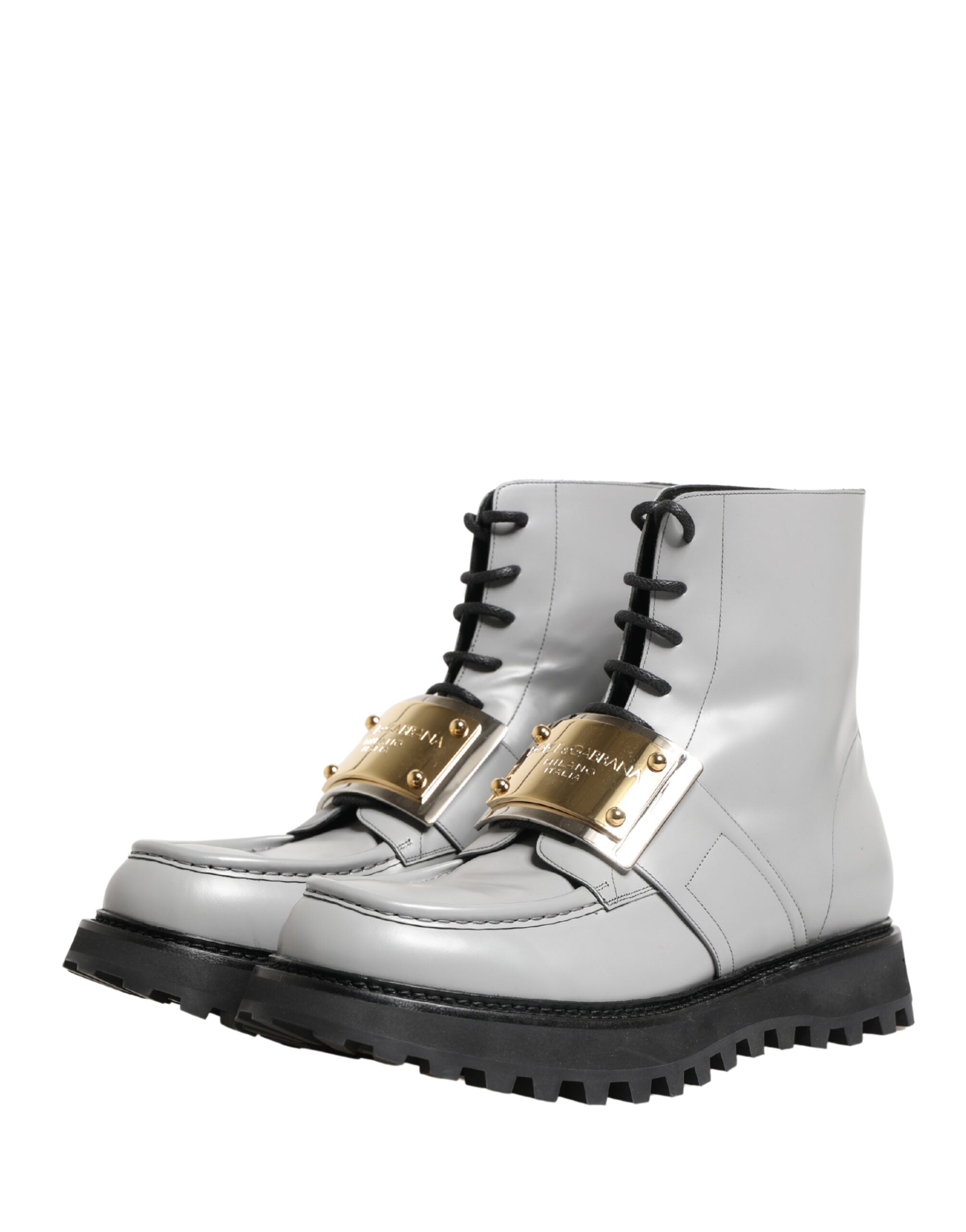 Gray Leather Logo Plaque Ankle Boots Shoes - ventzia