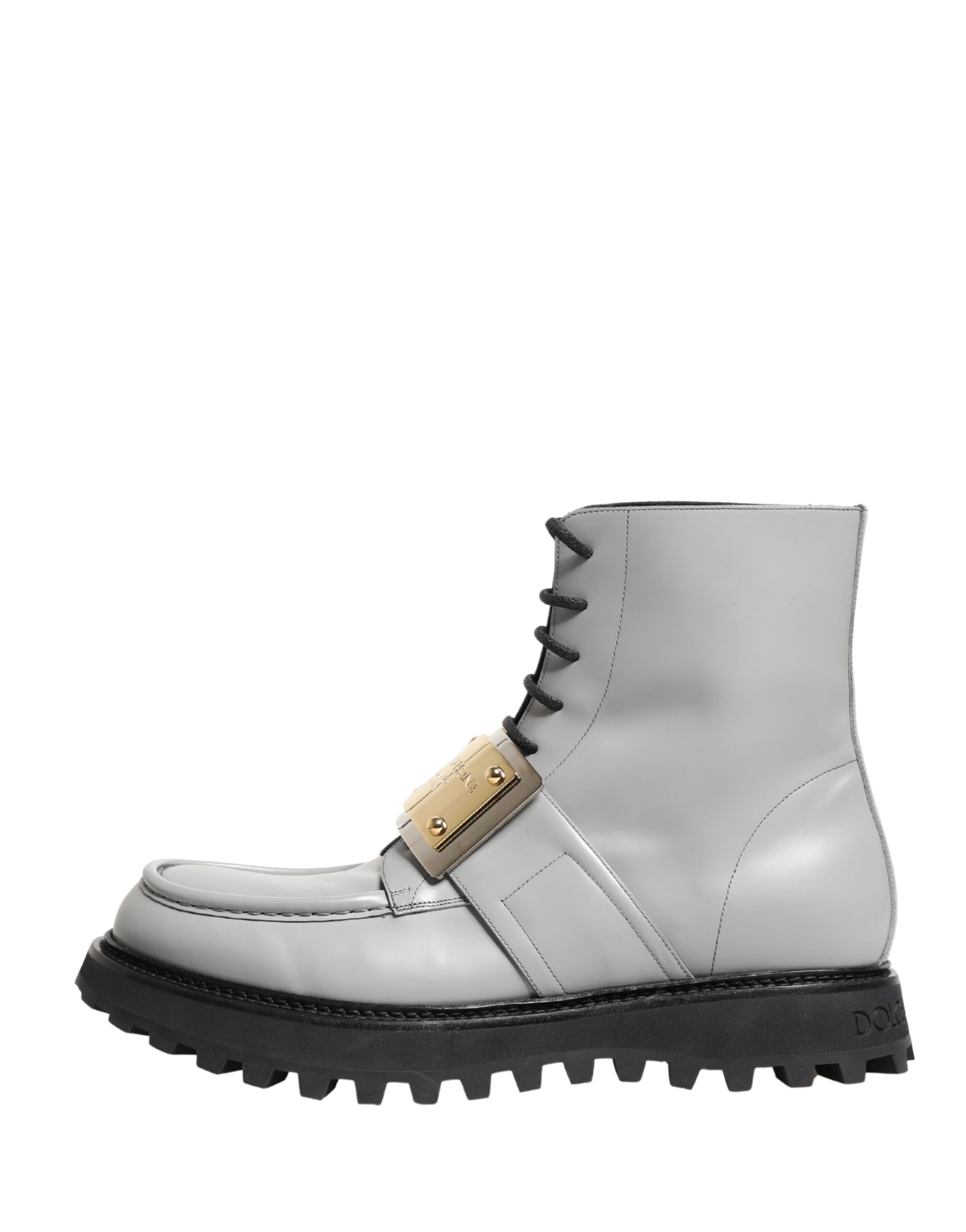 Gray Leather Logo Plaque Ankle Boots Shoes - ventzia