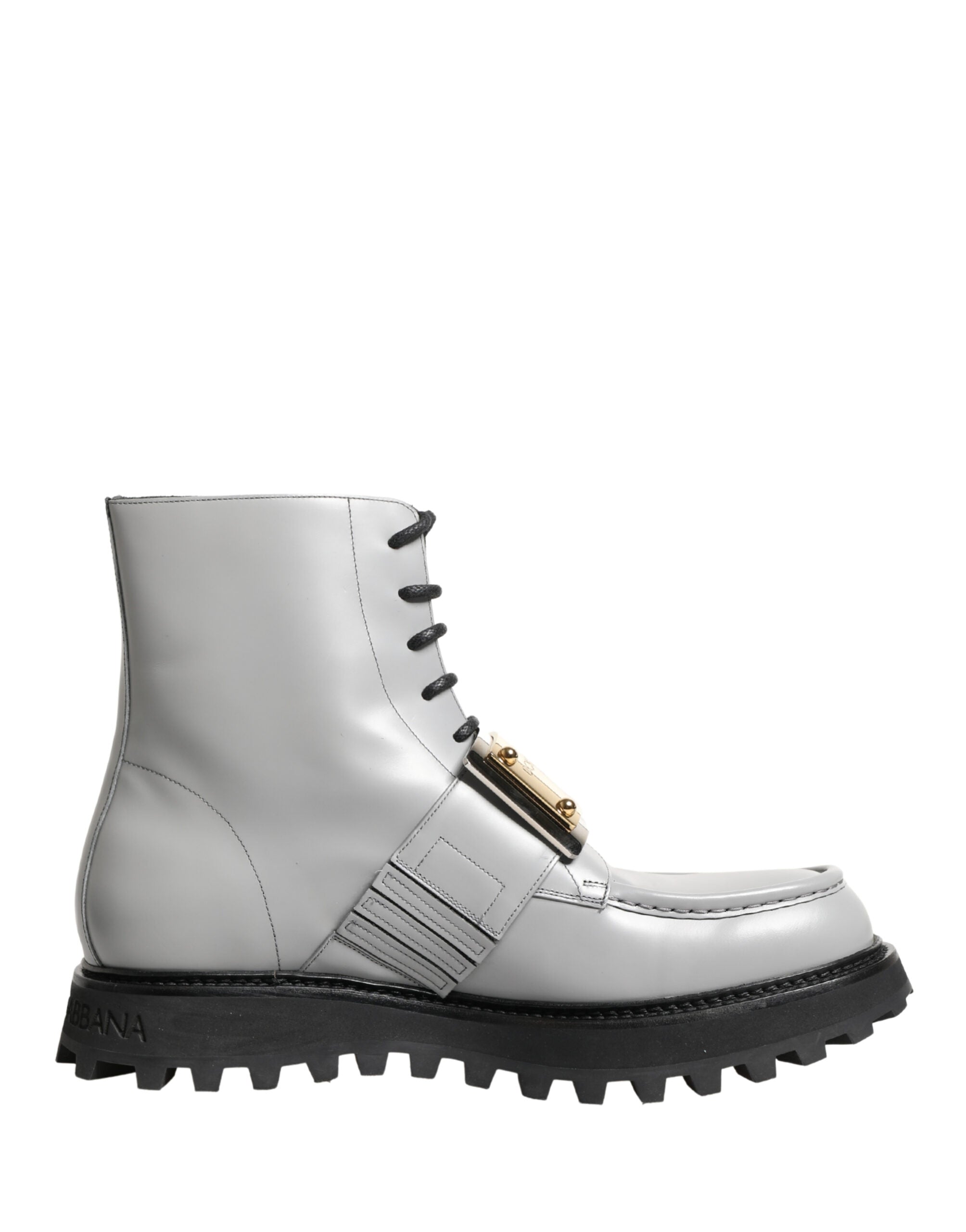 Gray Leather Logo Plaque Ankle Boots Shoes - ventzia