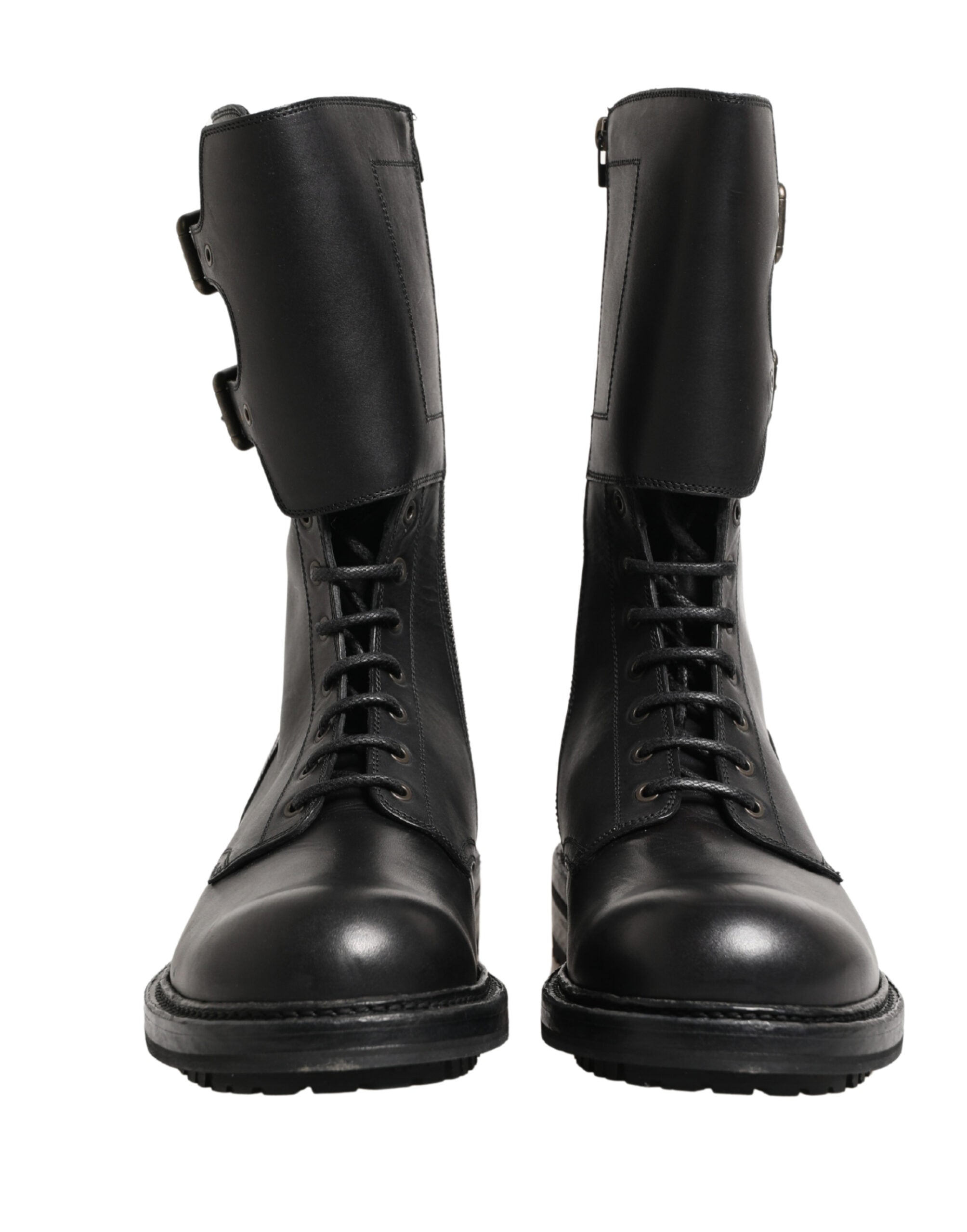Black Leather Belted Buckle Combat Boots Shoes - ventzia