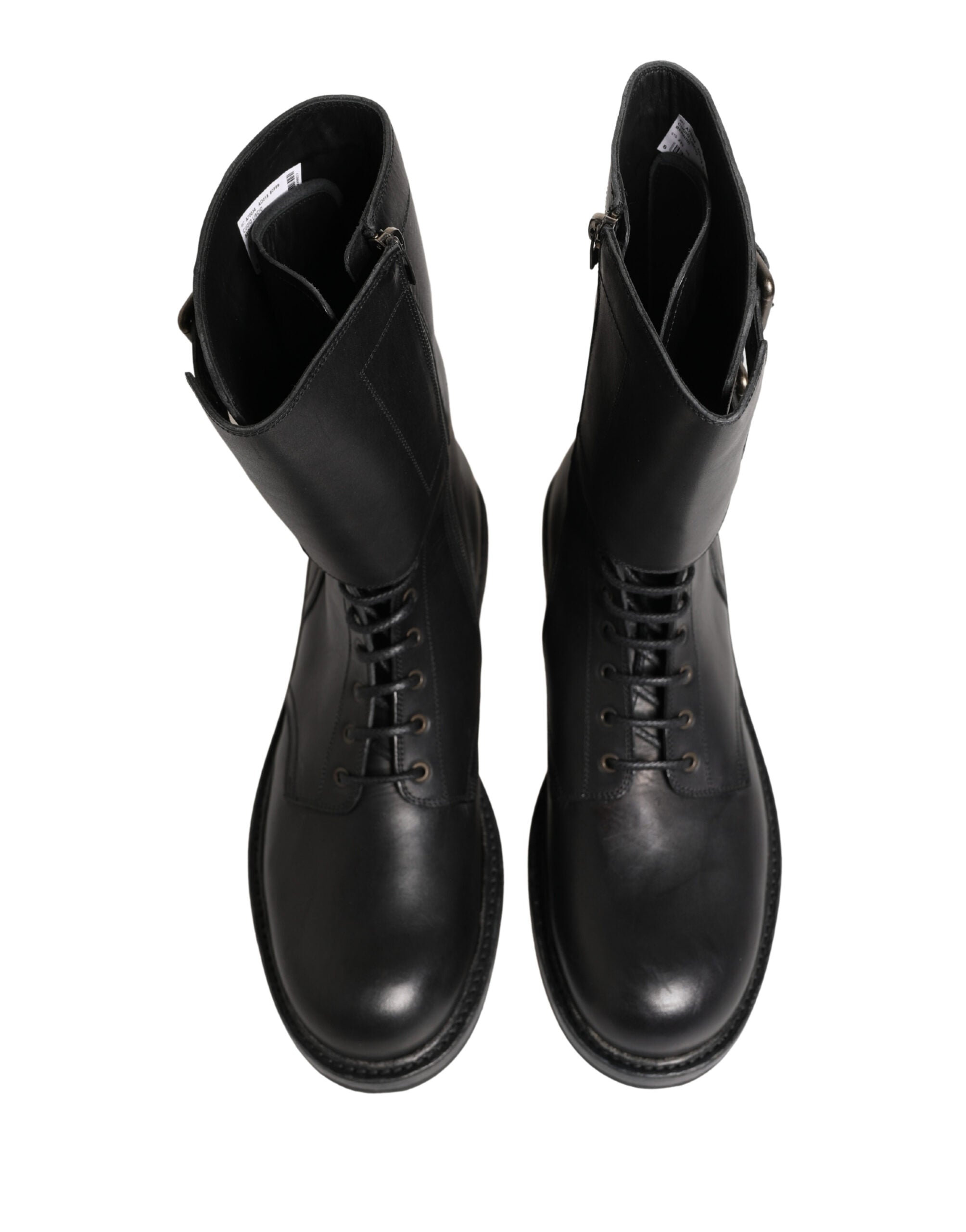 Black Leather Belted Buckle Combat Boots Shoes - ventzia