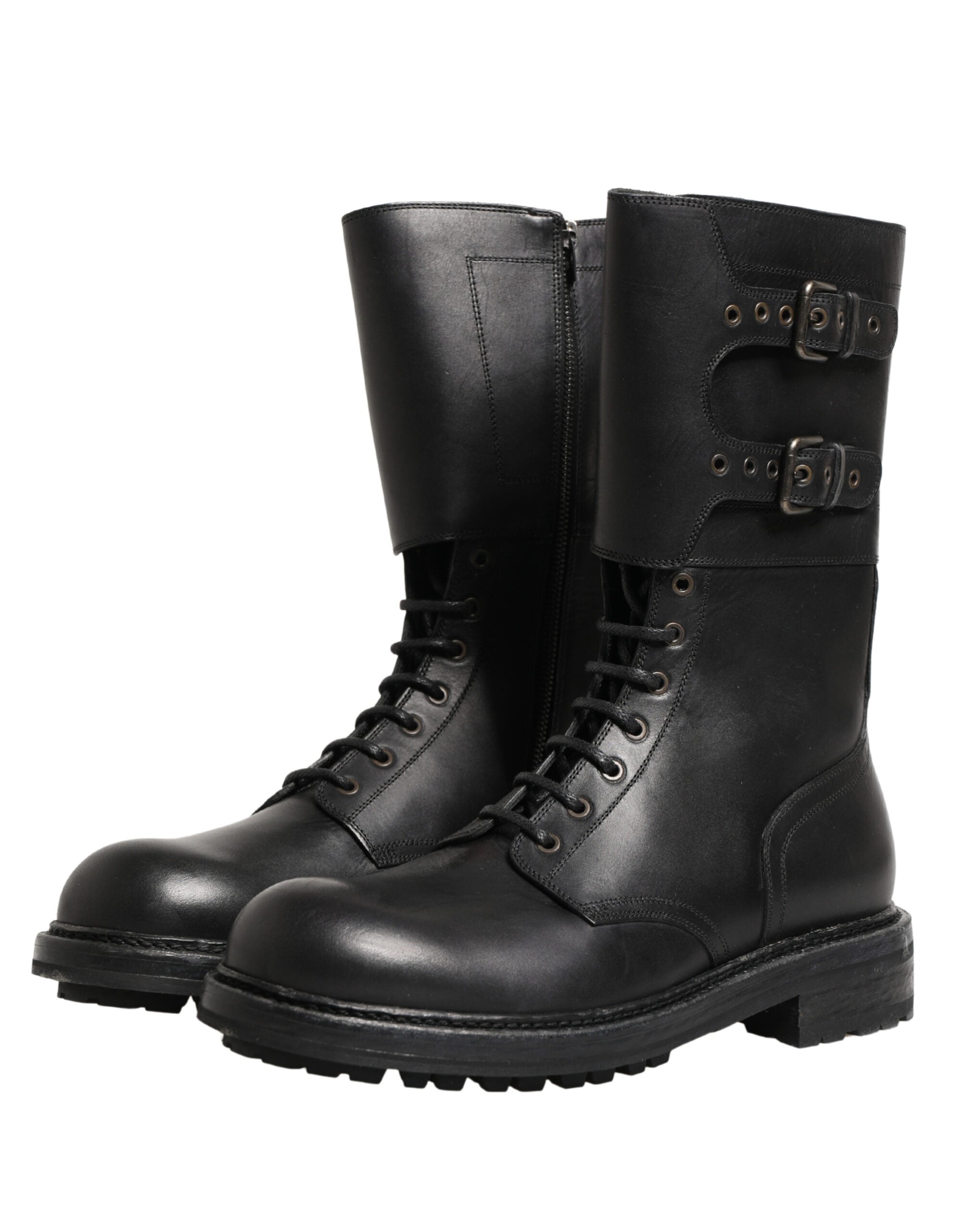 Black Leather Belted Buckle Combat Boots Shoes - ventzia