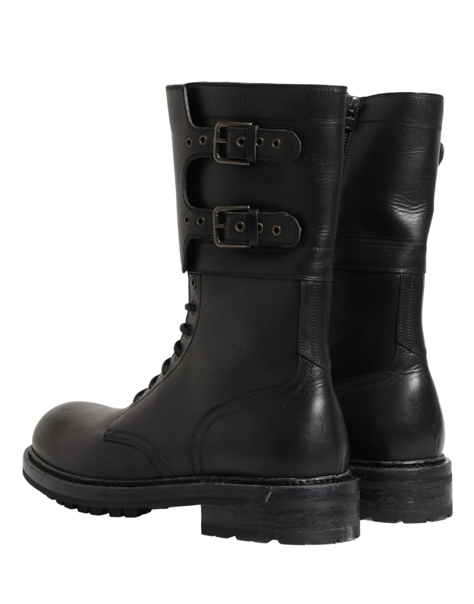 Black Leather Belted Buckle Combat Boots Shoes - ventzia