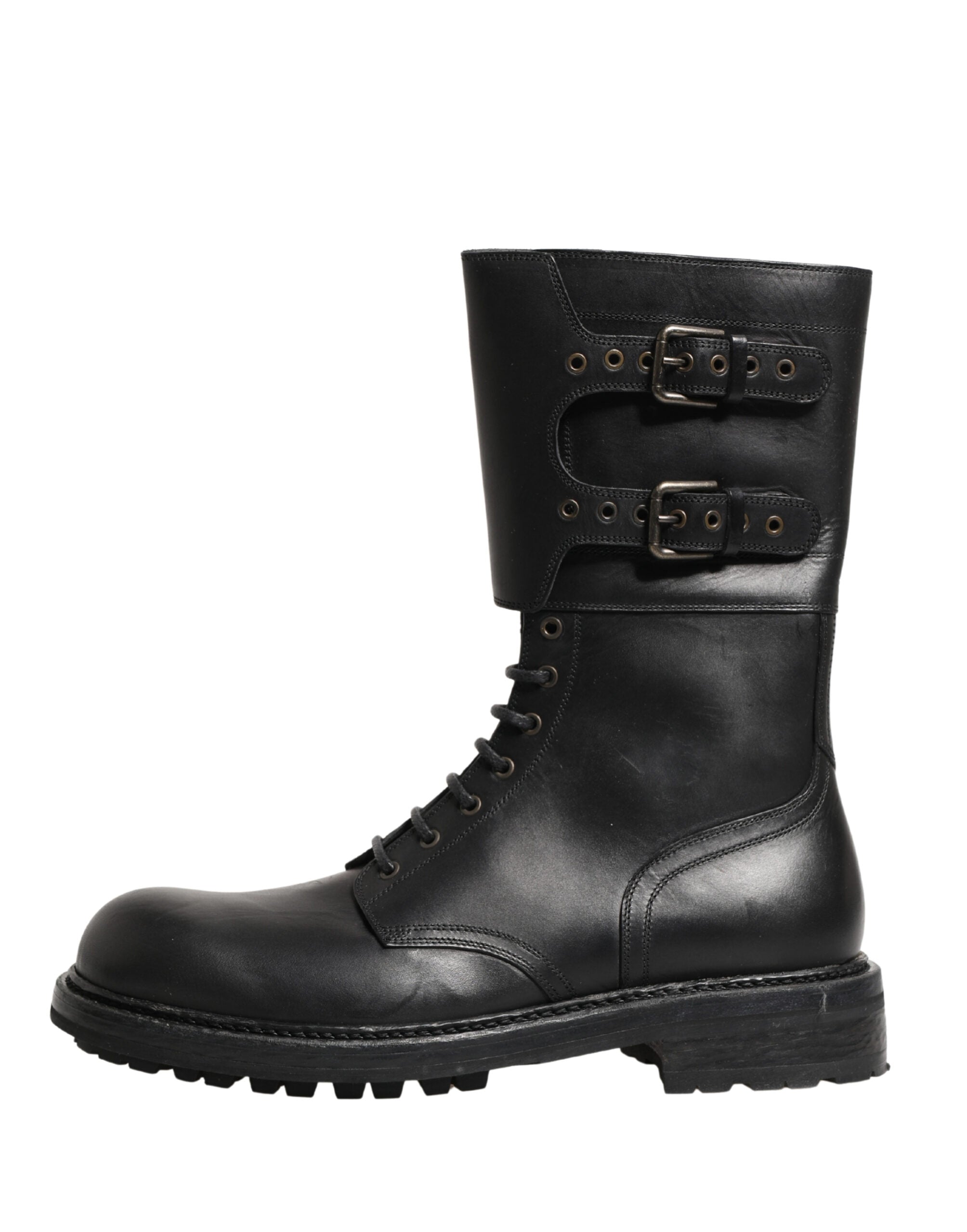 Black Leather Belted Buckle Combat Boots Shoes - ventzia