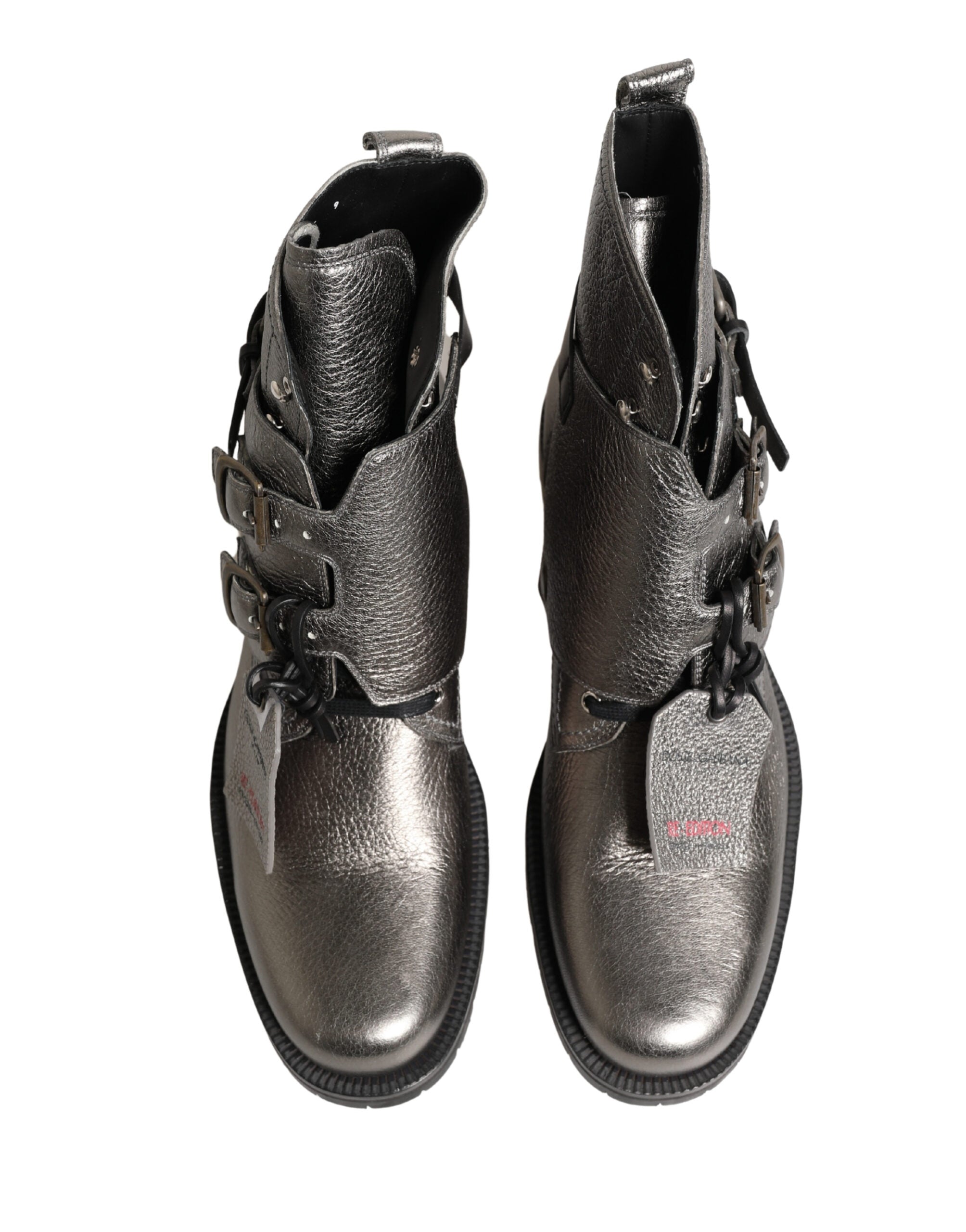 Metallic Silver Leather Buckle Ankle Boots Shoes - ventzia
