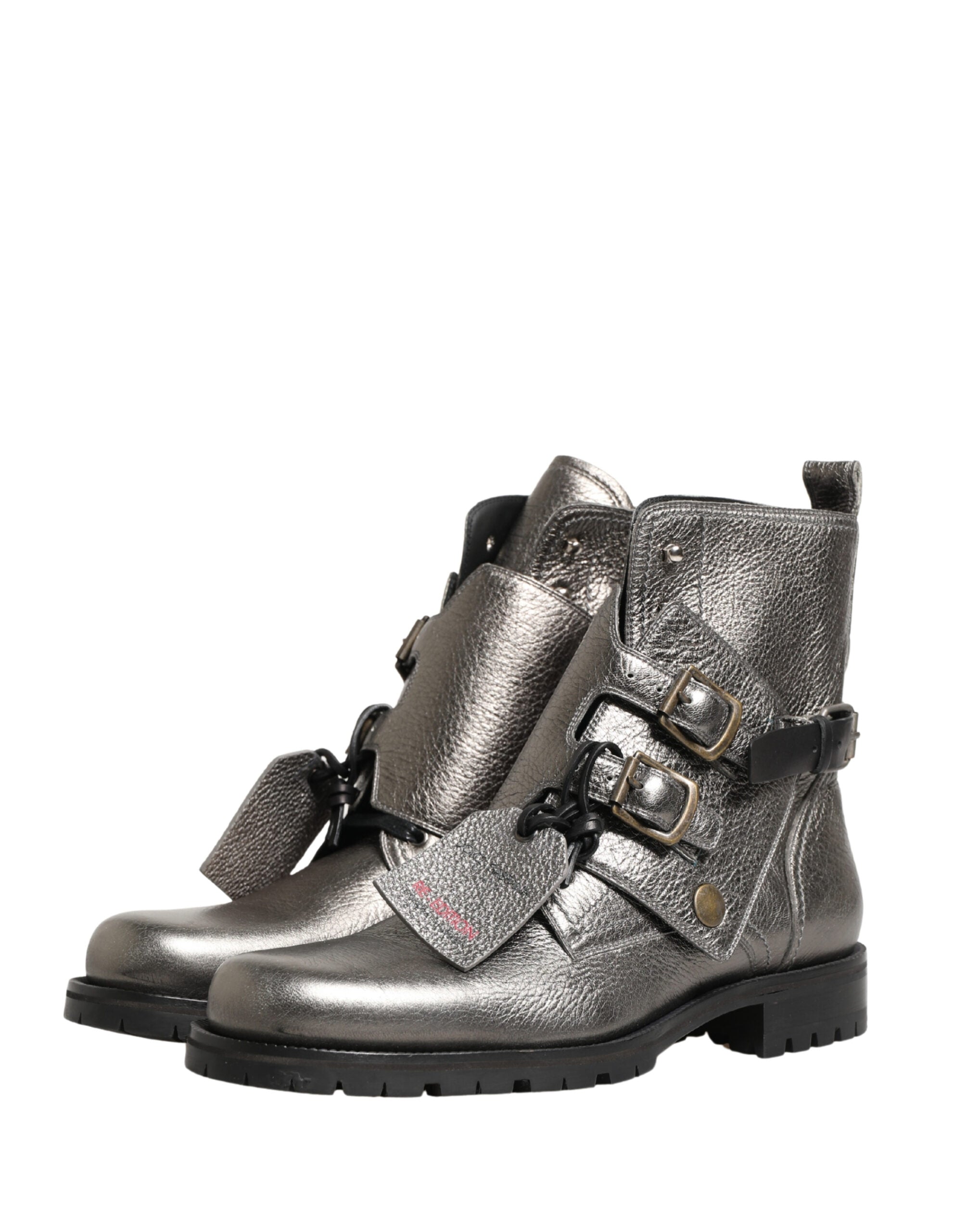 Metallic Silver Leather Buckle Ankle Boots Shoes - ventzia