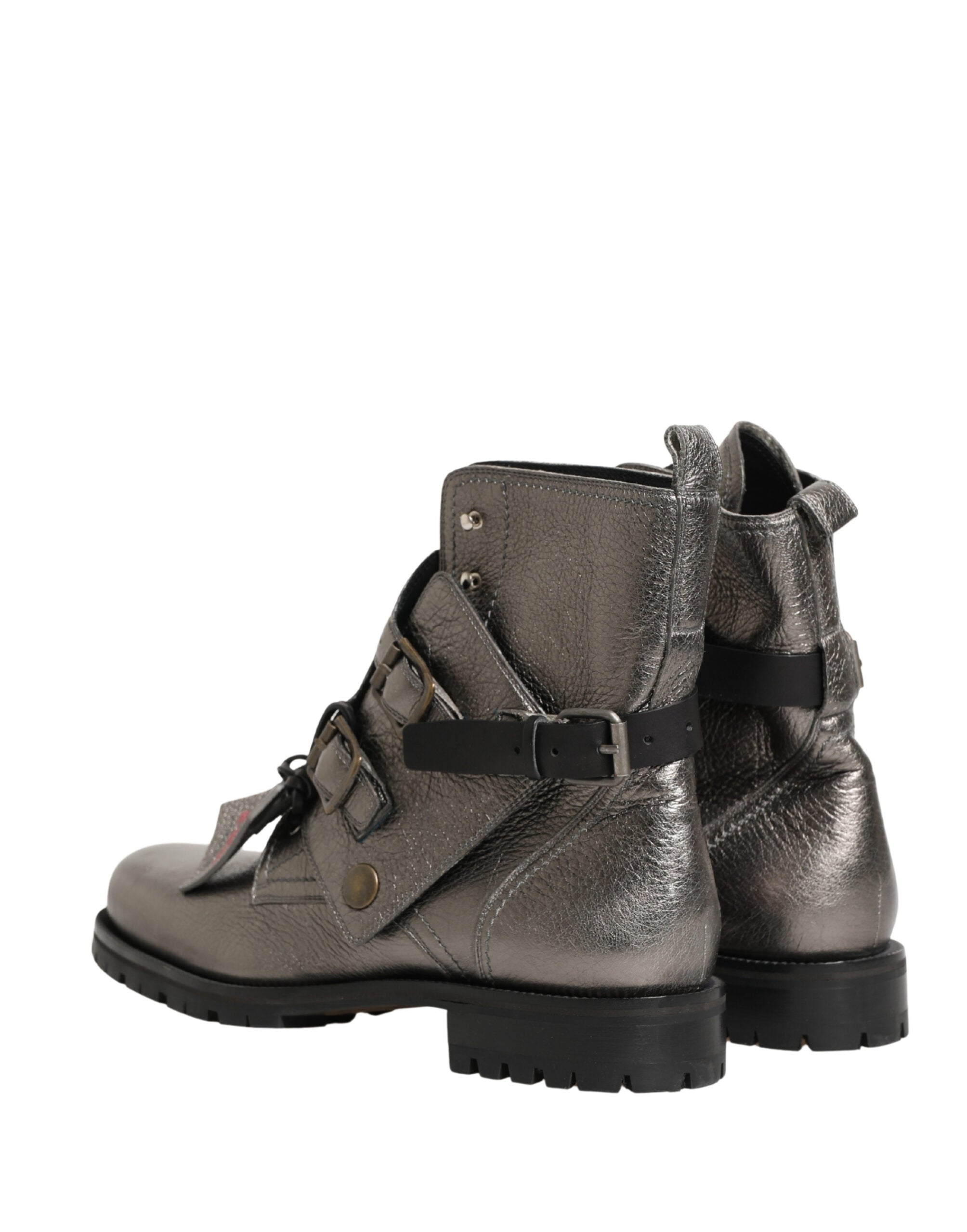 Metallic Silver Leather Buckle Ankle Boots Shoes - ventzia