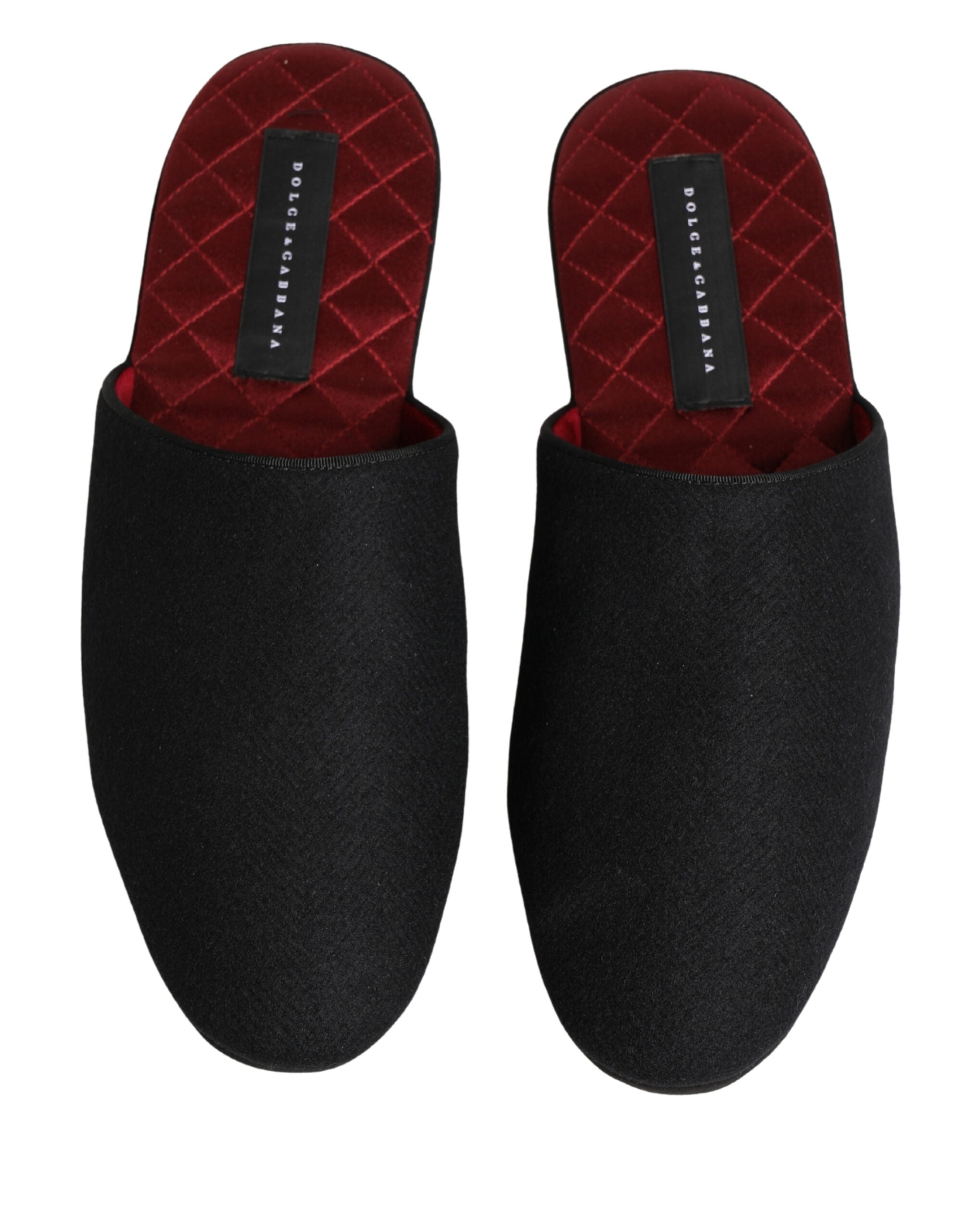 Black Wool Cashmere Red Quilted Slippers Shoes - ventzia