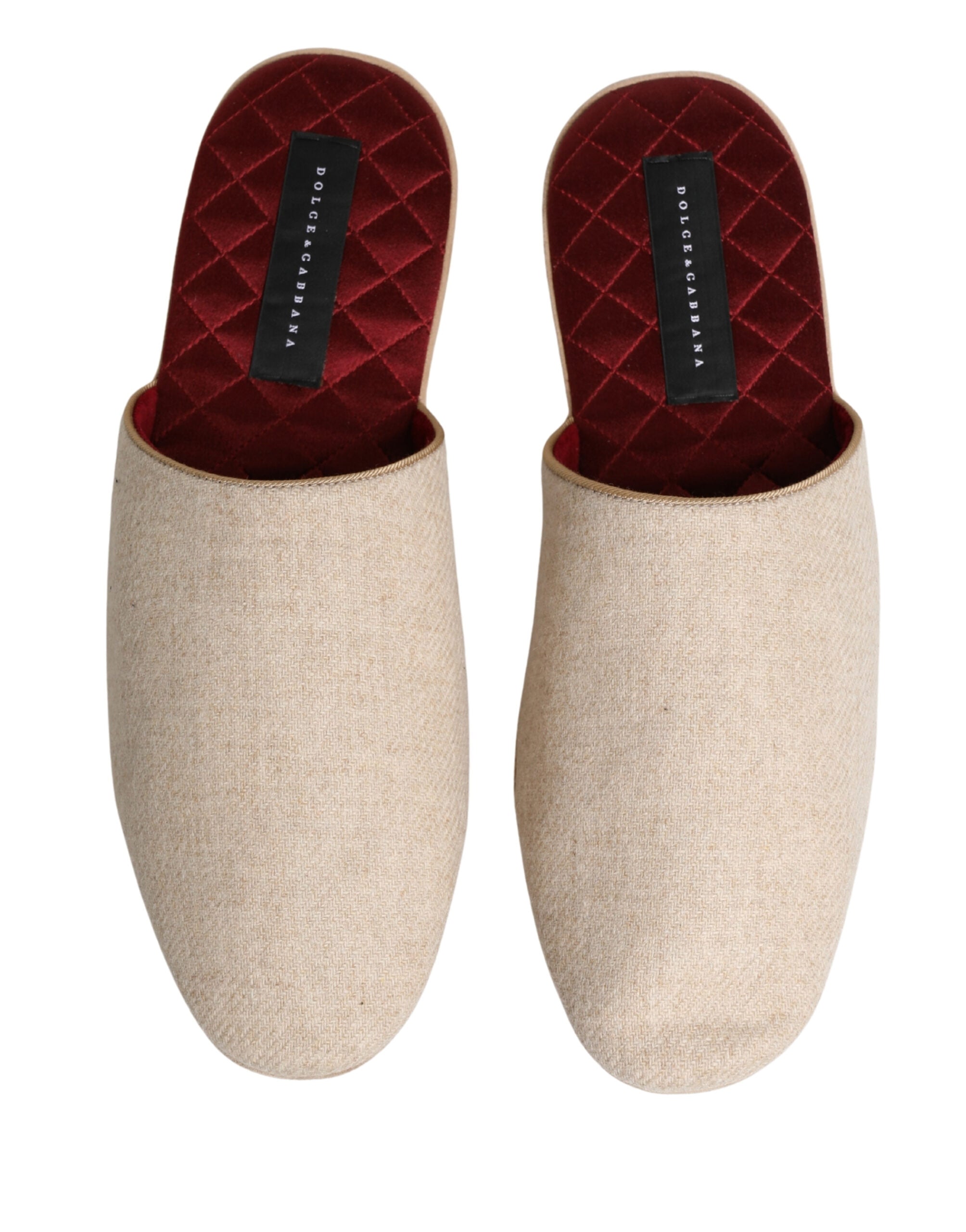 Beige Shetland Wool Red Quilted Slippers Shoes - ventzia