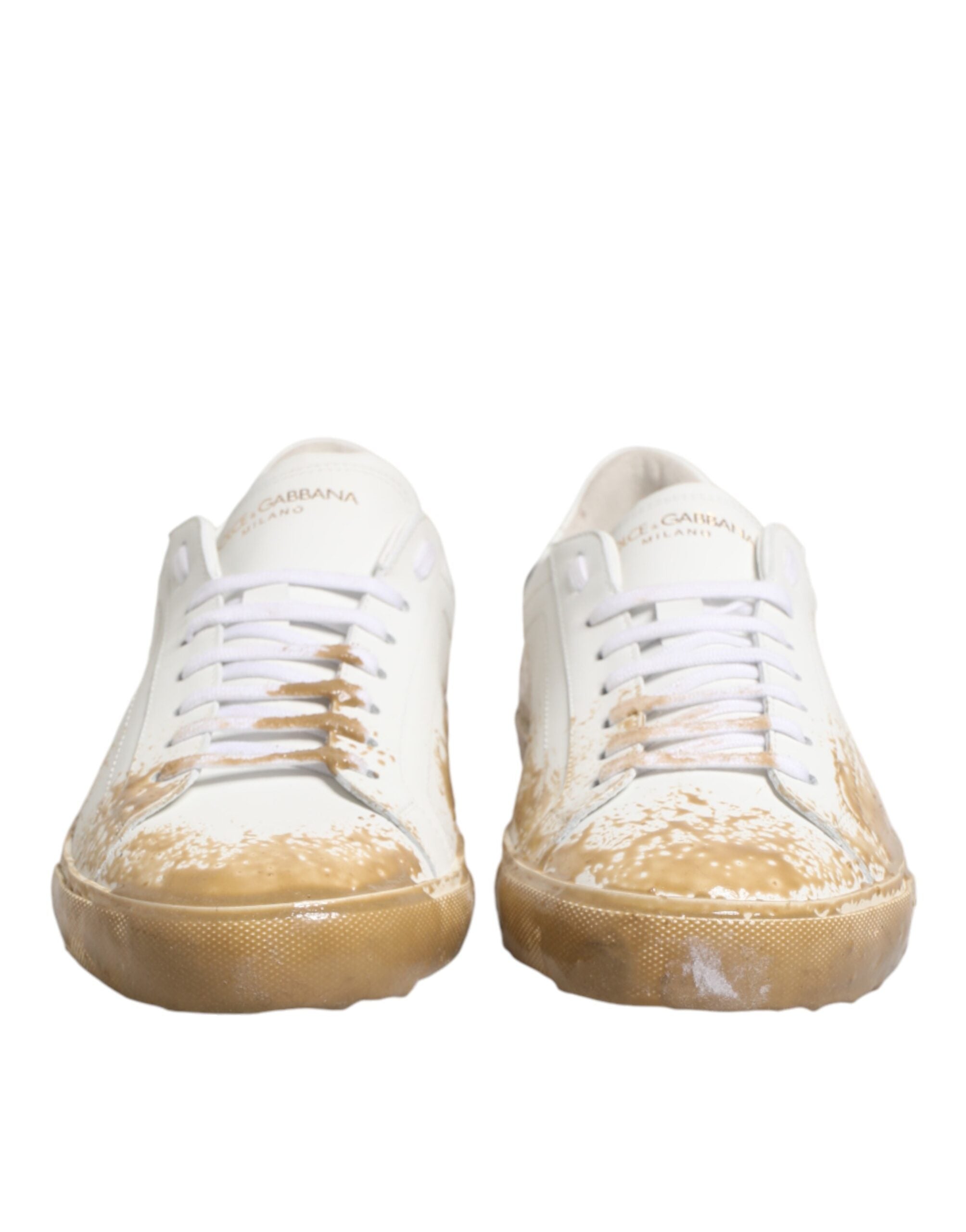 White Leather Paint Effect Low Top Sneakers  Shoes - ventzia