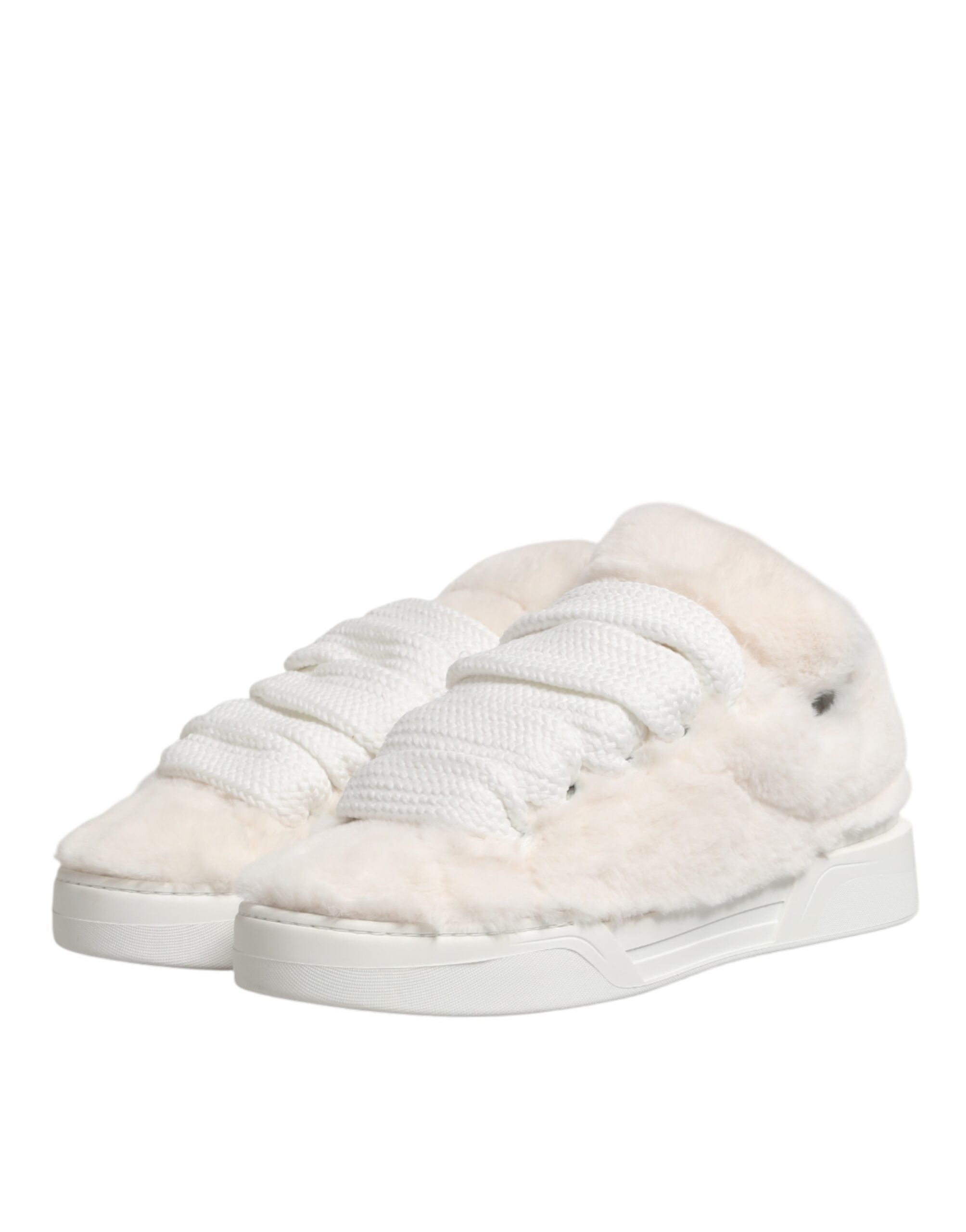 White Shearling Fur Bianco Low Top Sneakers Shoes - ventzia