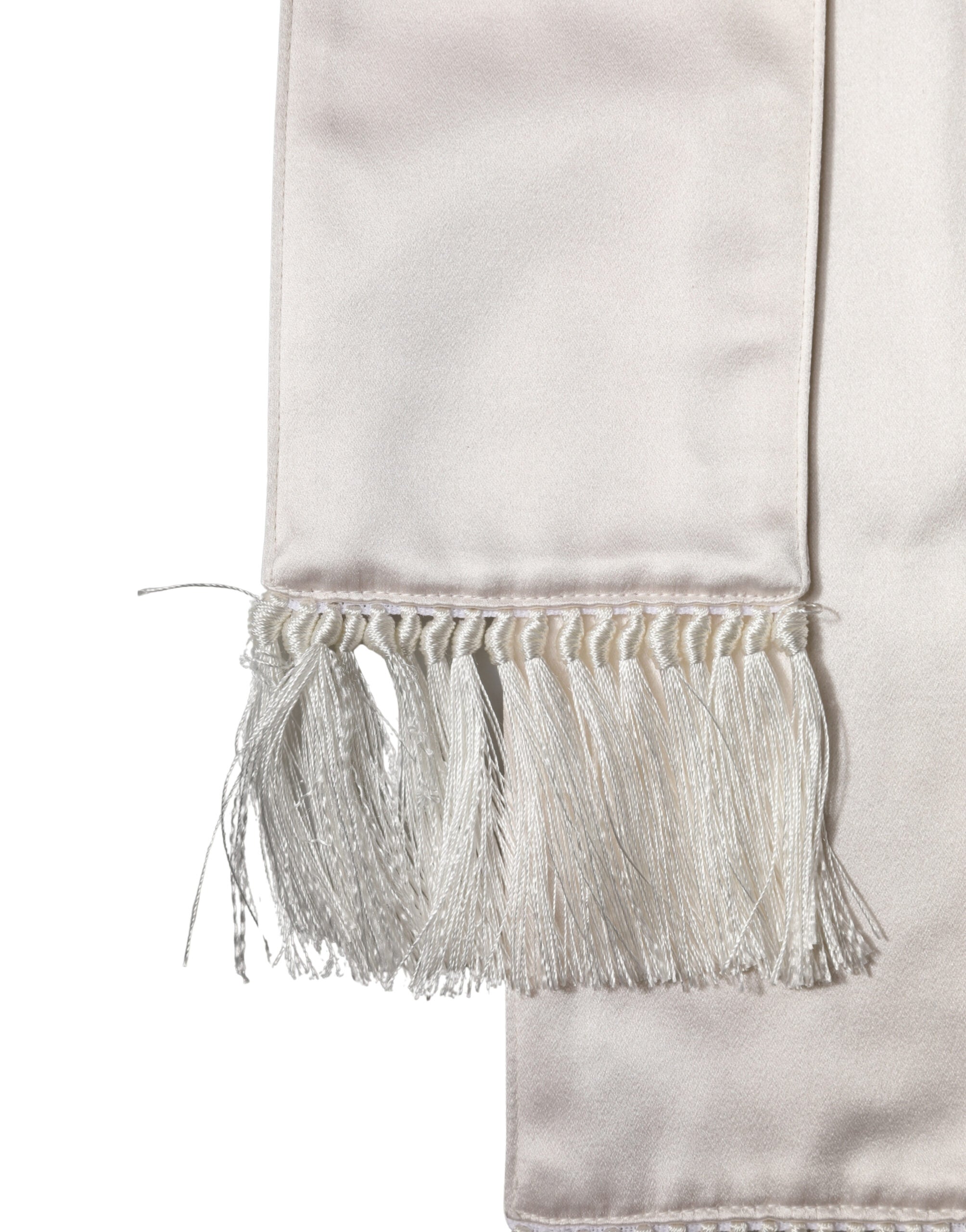 White Silk Satin Fringes Foulard 282cm x 10cm Men Scarf - ventzia