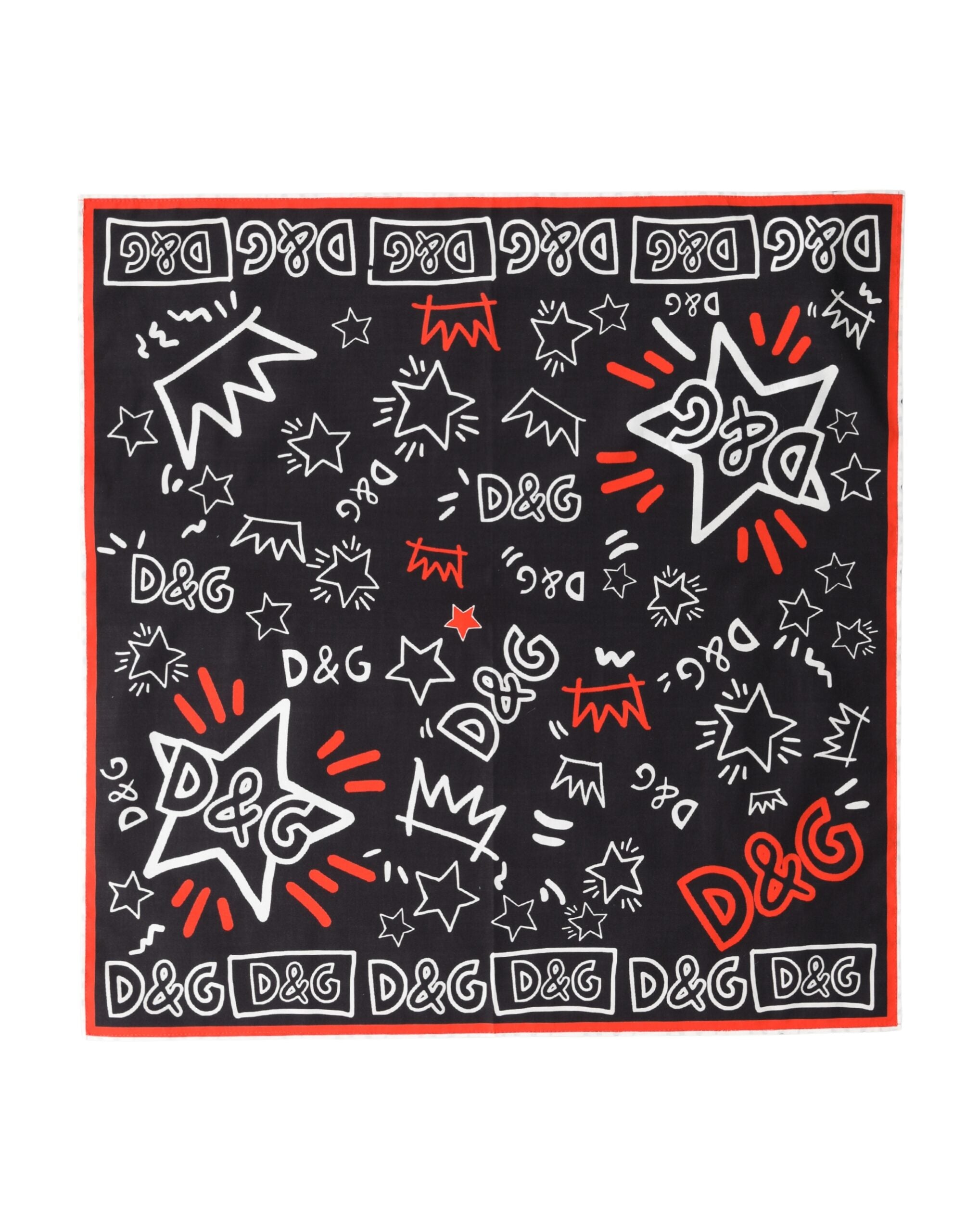 Black White Red DG Crown Cotton Foulard 47cm x 46cm Scarf - ventzia