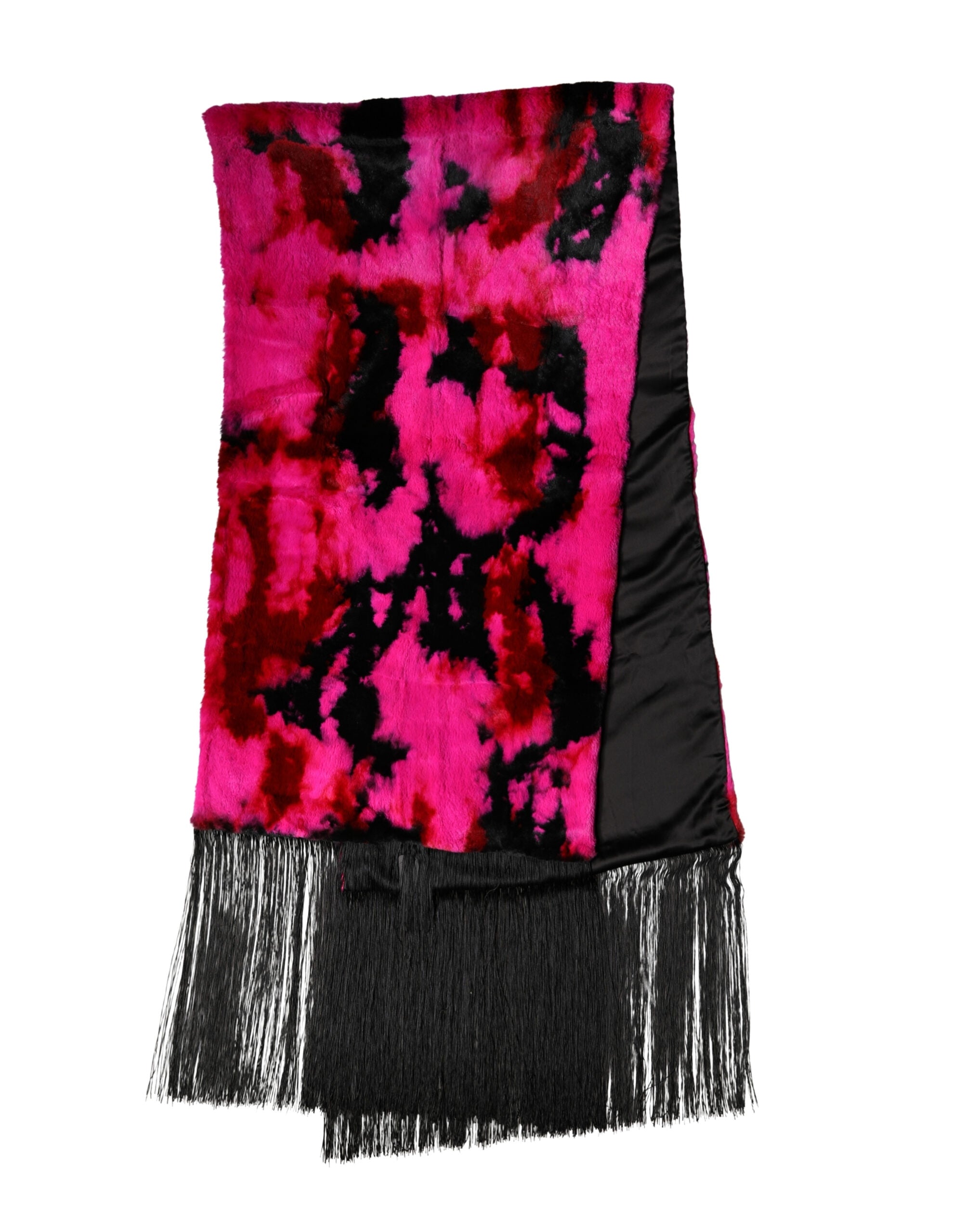 Pink Black Faux Fur Neck Wrap Fringes 200cm x 59cm Scarf - ventzia