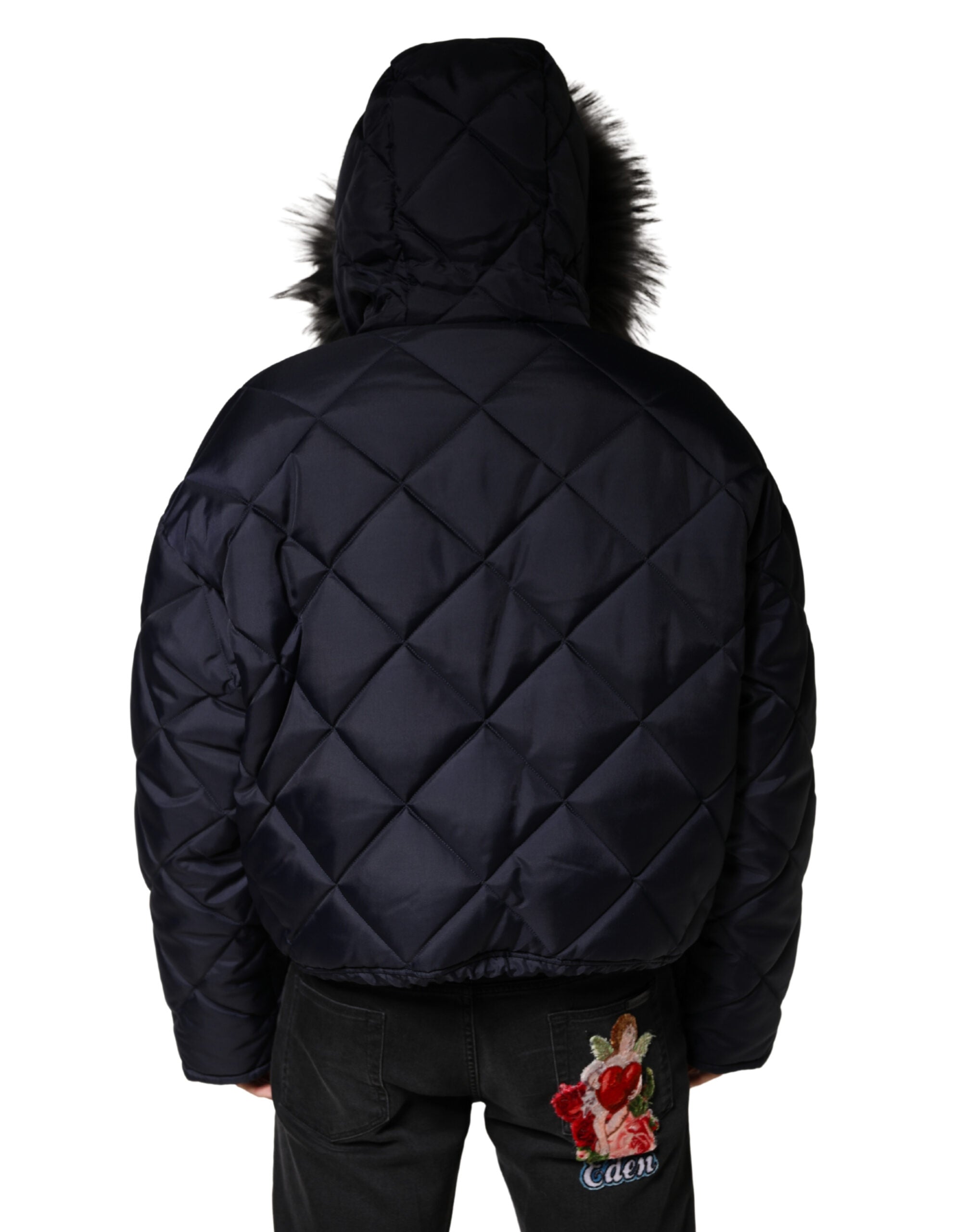 Black Quilted Fur Shearling Hooded  Jacket - ventzia