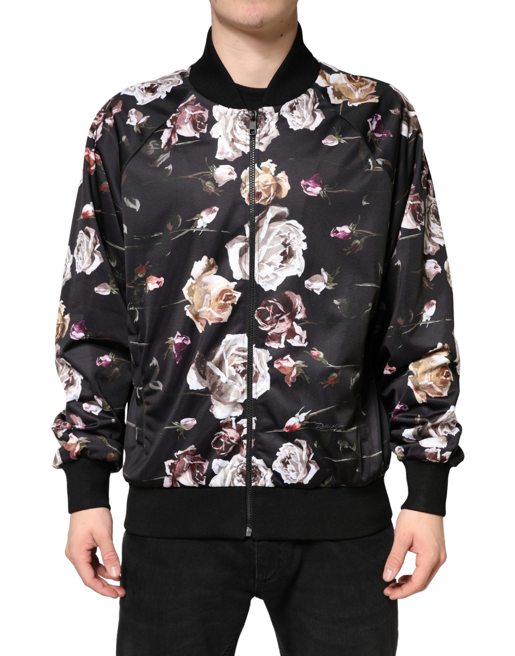 Black Floral Polyester Full Zip Bomber Jacket - ventzia