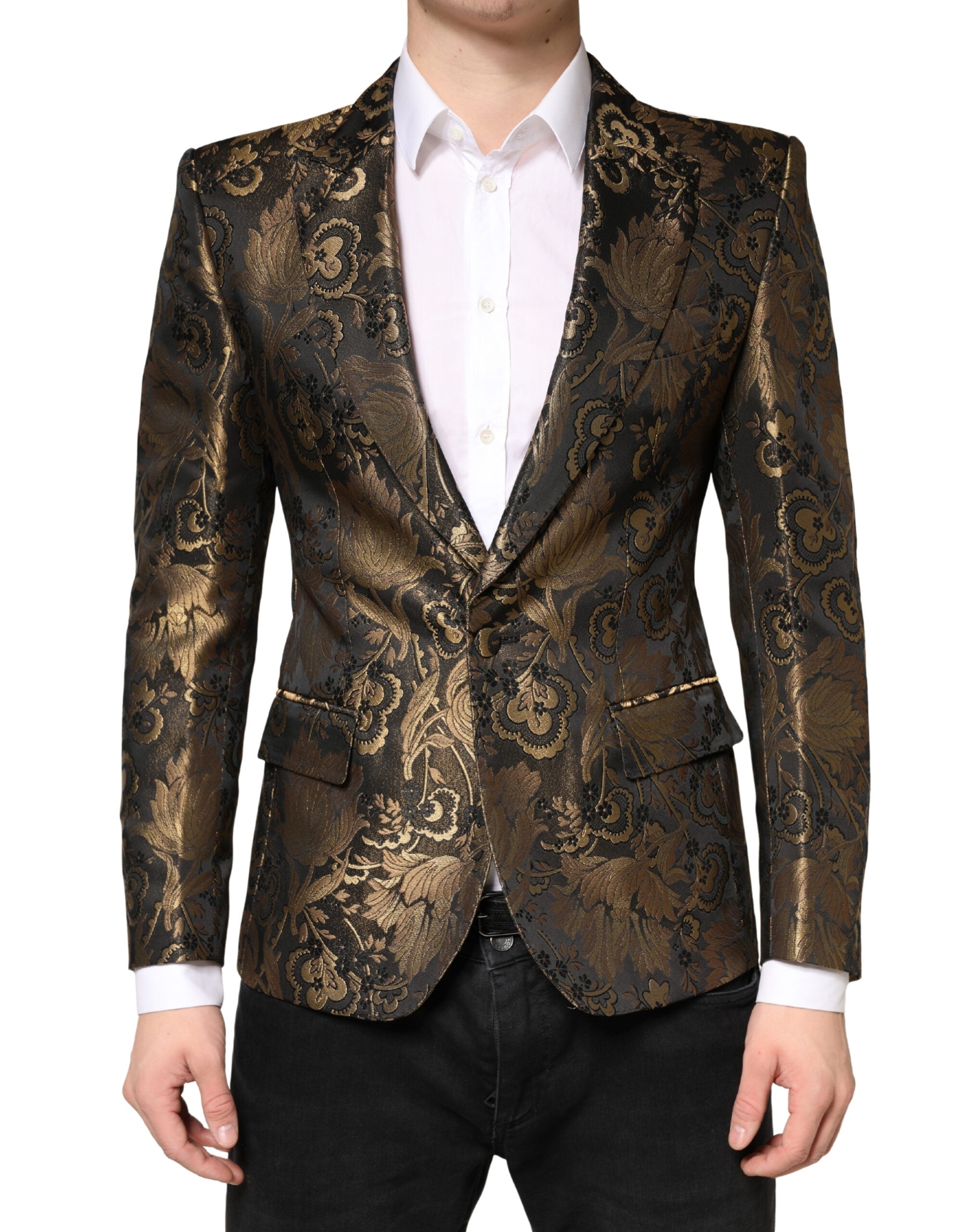 Gold Jacquard Single Breasted Tuxedo Blazer - ventzia