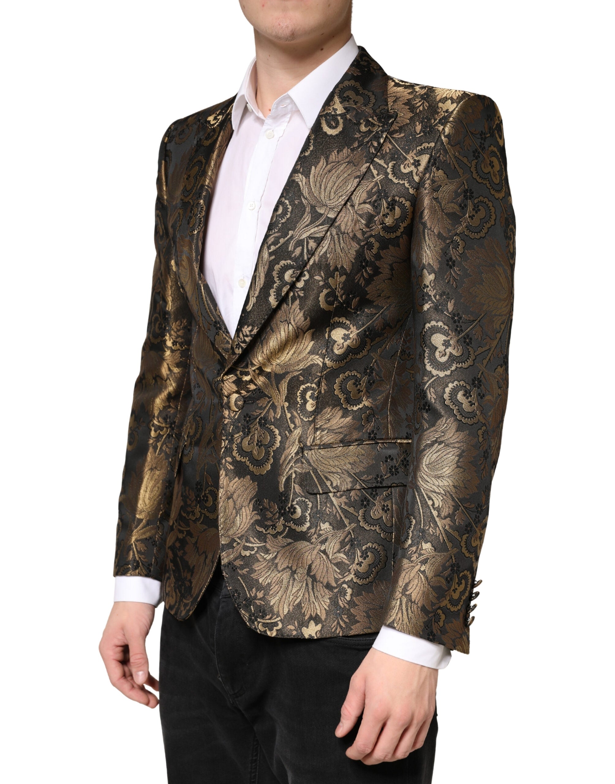 Gold Jacquard Single Breasted Tuxedo Blazer - ventzia