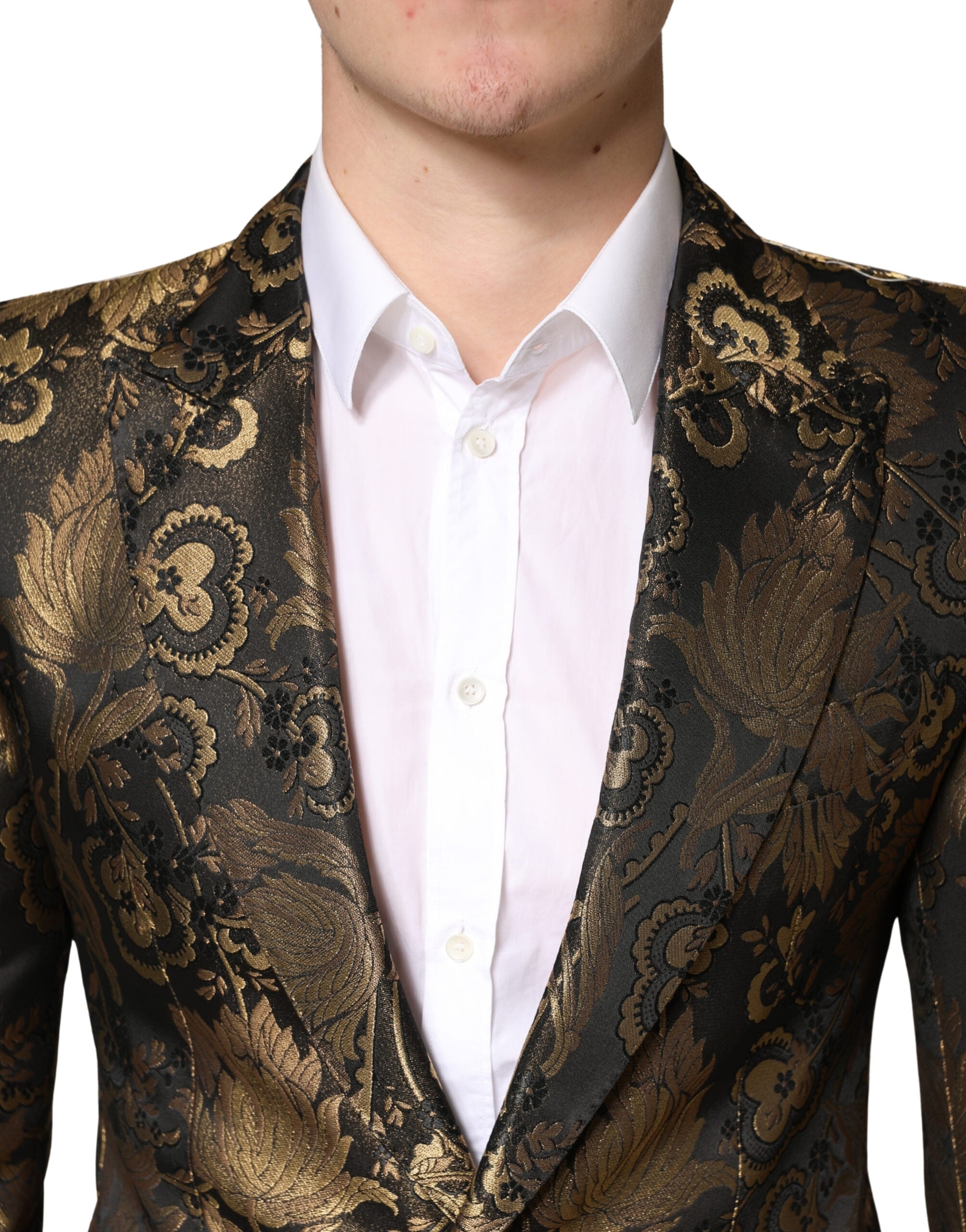 Gold Jacquard Single Breasted Tuxedo Blazer - ventzia