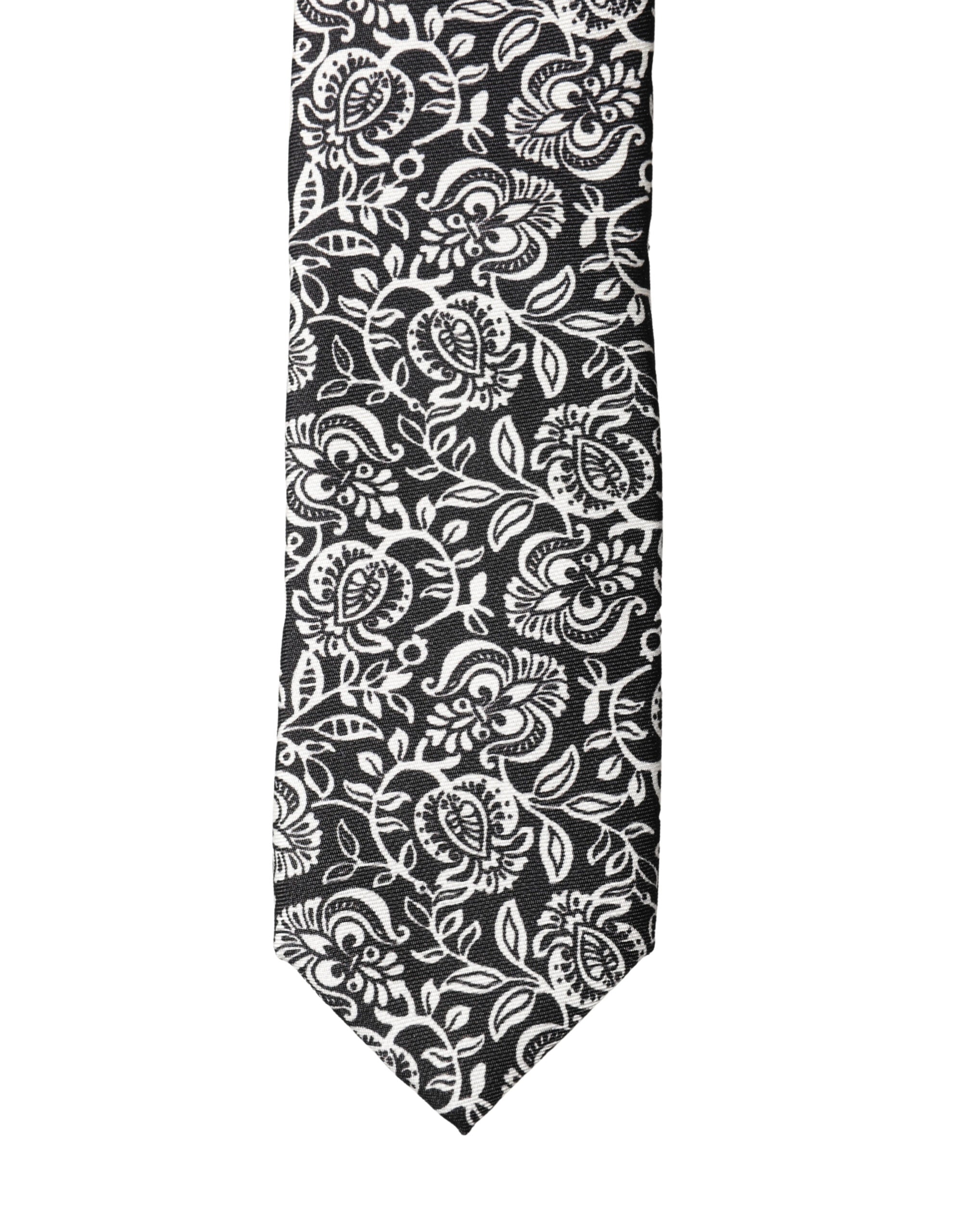 Black White Floral Fantasy Silk Adjustable Necktie Tie - ventzia