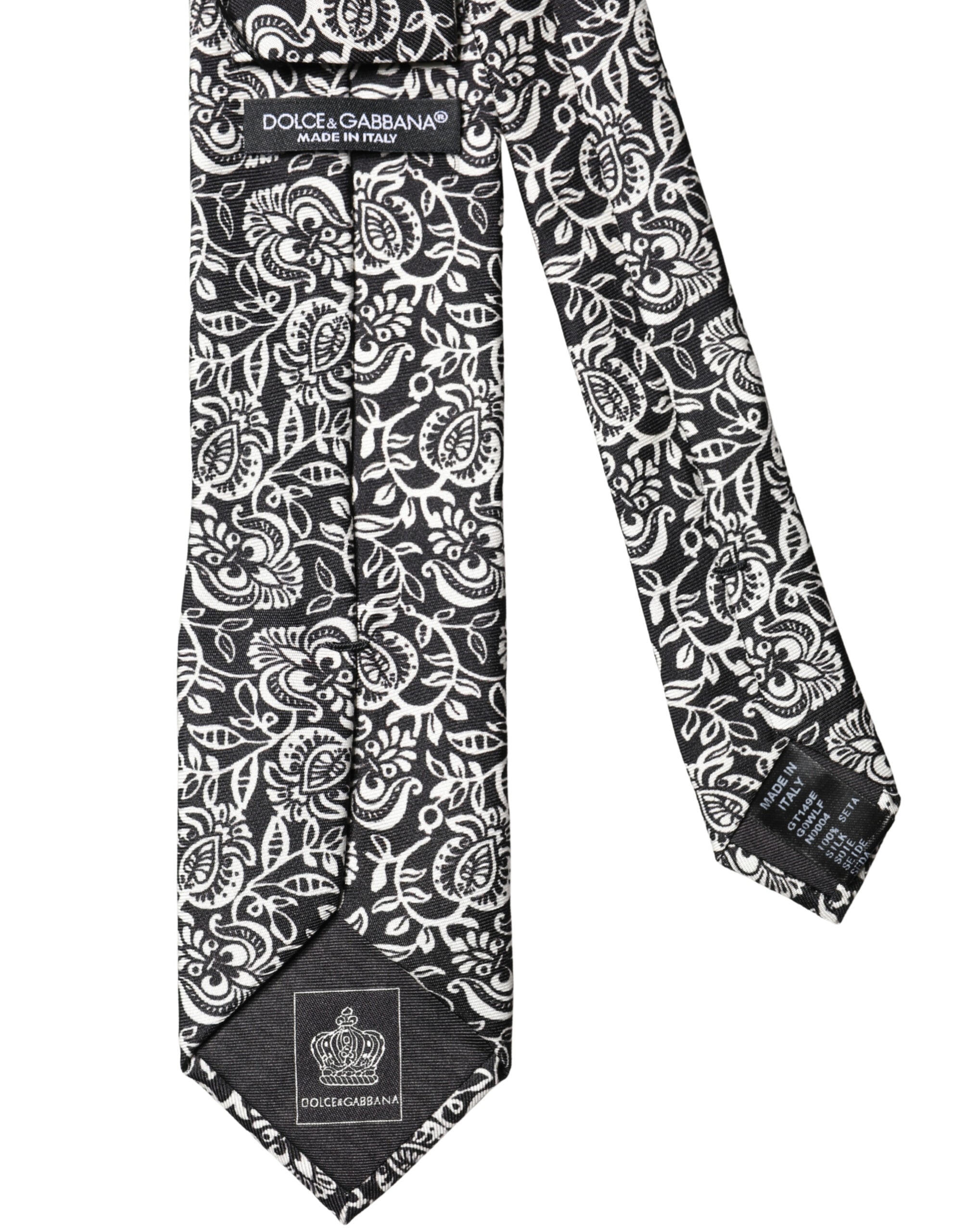 Black White Floral Fantasy Silk Adjustable Necktie Tie - ventzia