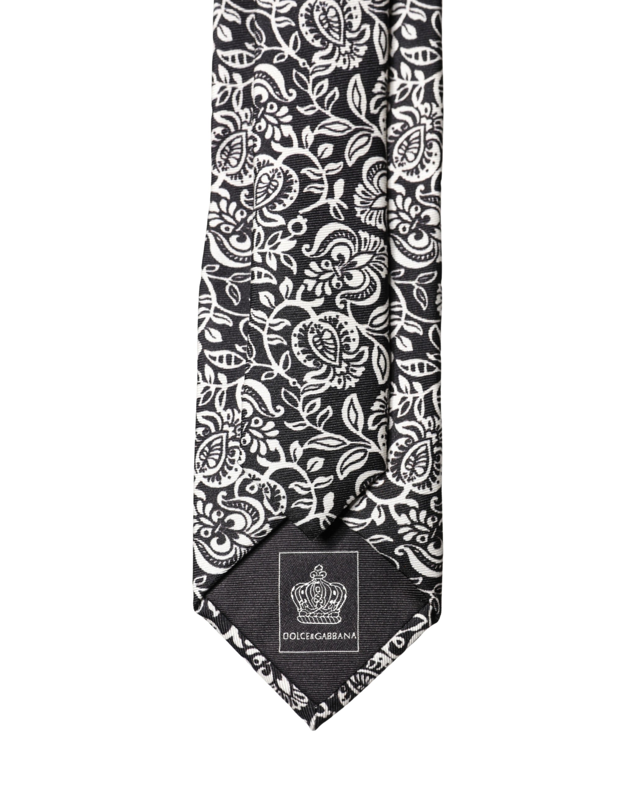 Black White Floral Fantasy Silk Adjustable Necktie Tie - ventzia