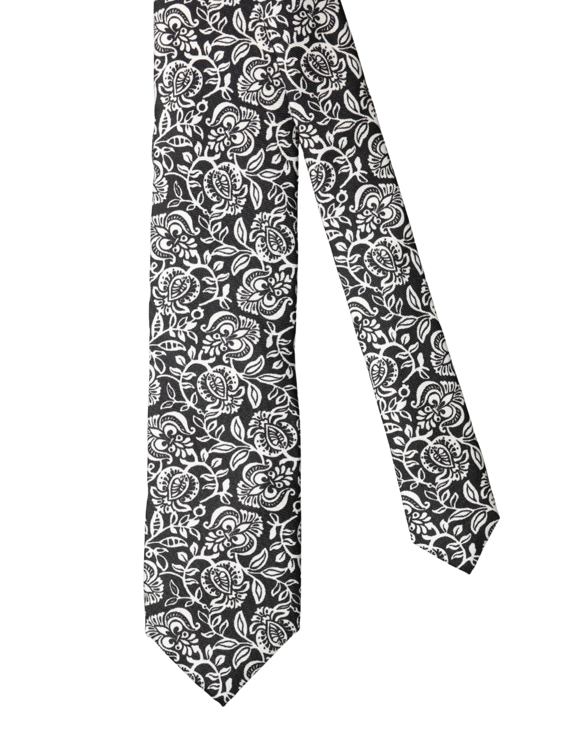 Black White Floral Fantasy Silk Adjustable Necktie Tie - ventzia