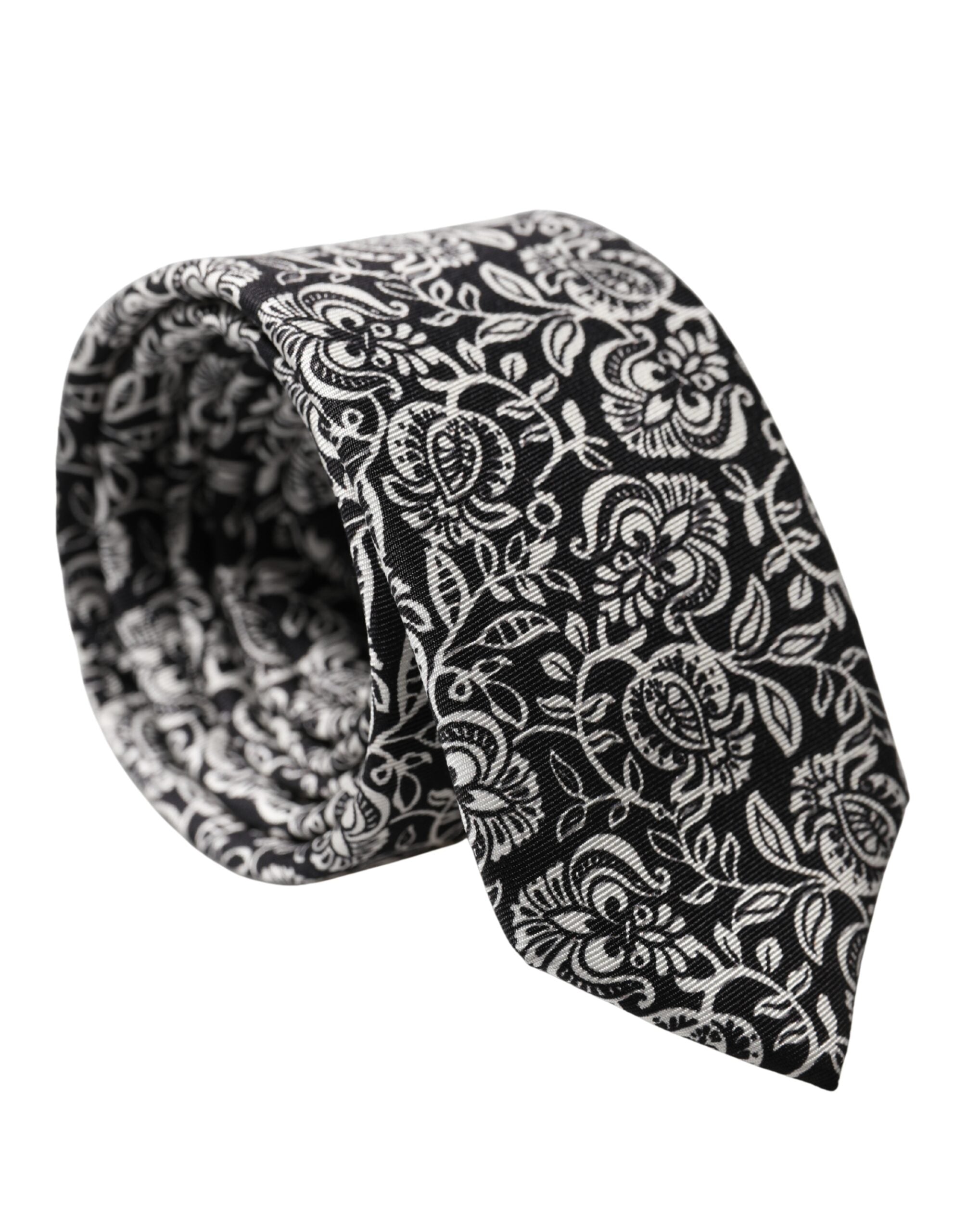 Black White Floral Fantasy Silk Adjustable Necktie Tie - ventzia