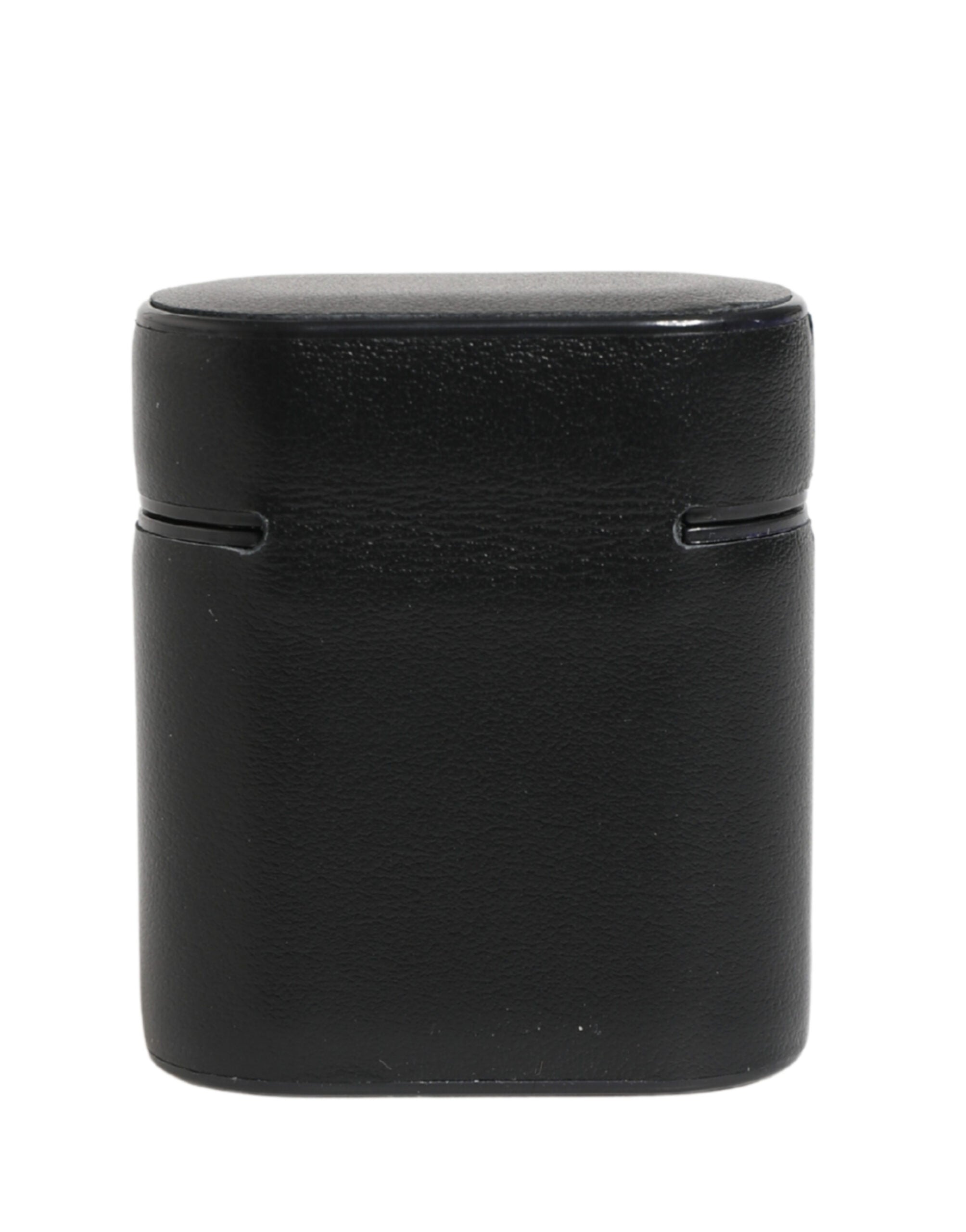 Black Calf Leather Logo Print Flip Holder Airpods Case - ventzia