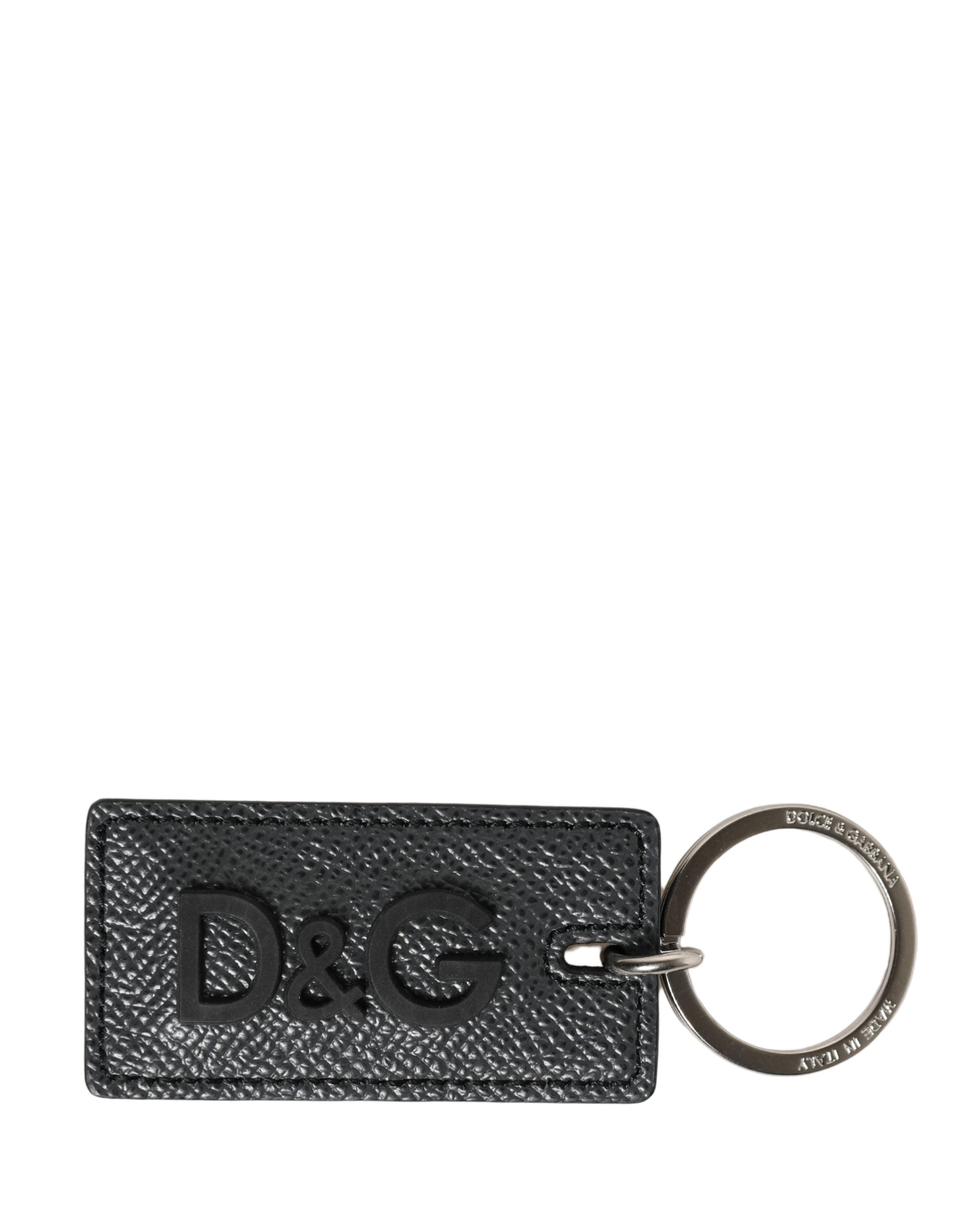 Black Calf Leather D&G Logo Metal Ring Keyring Keychain - ventzia