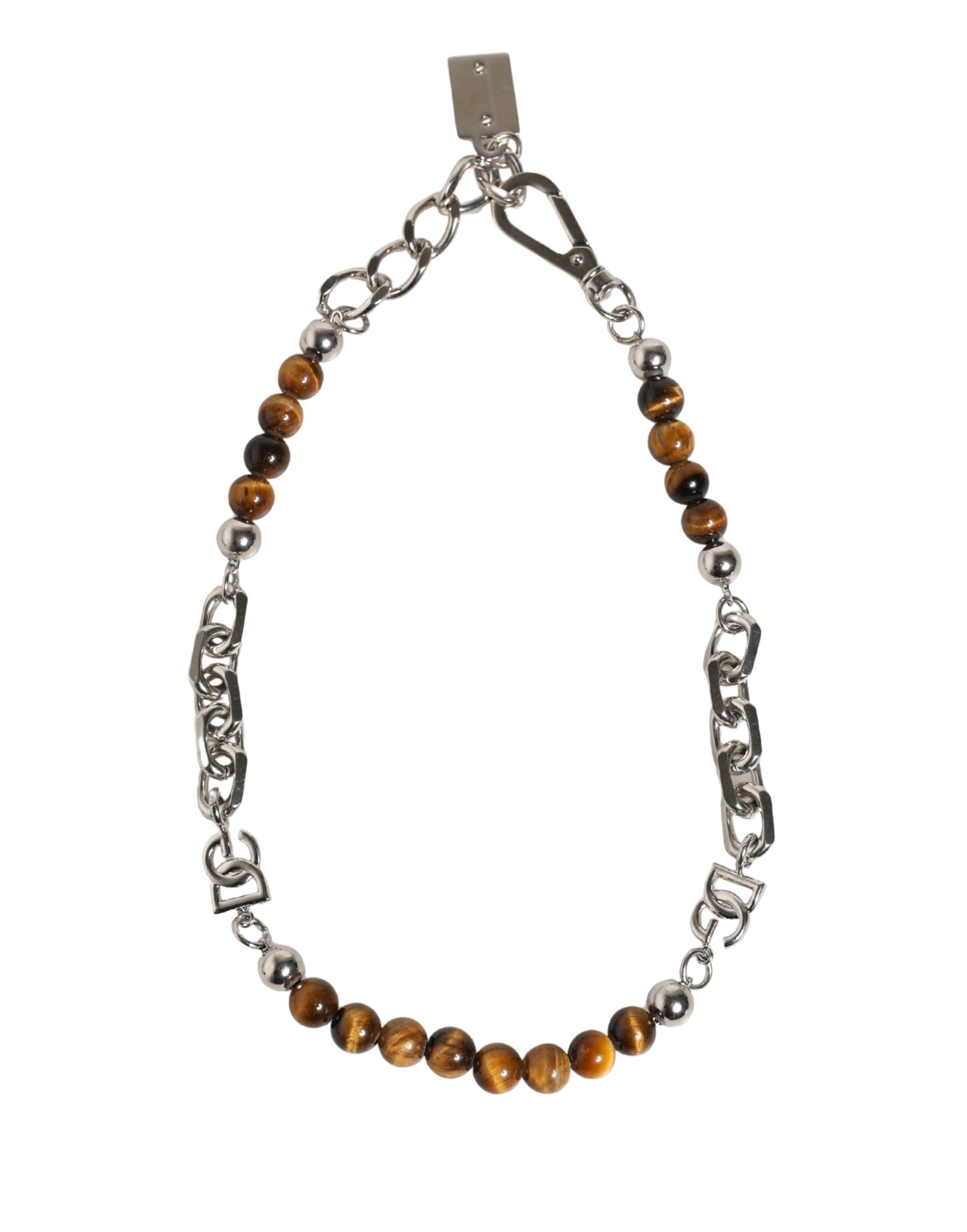 Silver Tone Brass Chain Beaded Gem DG Logo Bracelet - ventzia