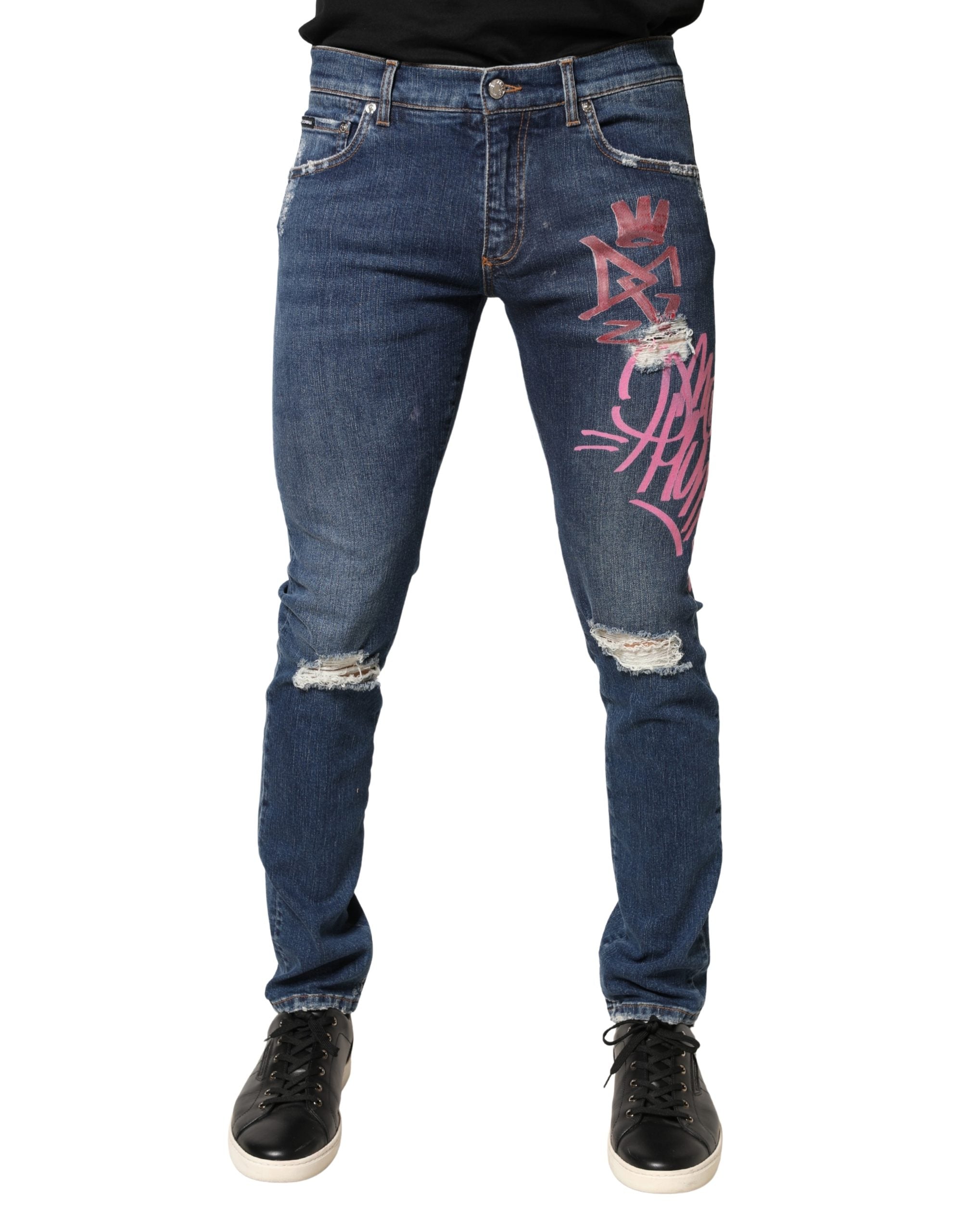 Blue Distressed Graffiti Print Skinny Jeans - ventzia
