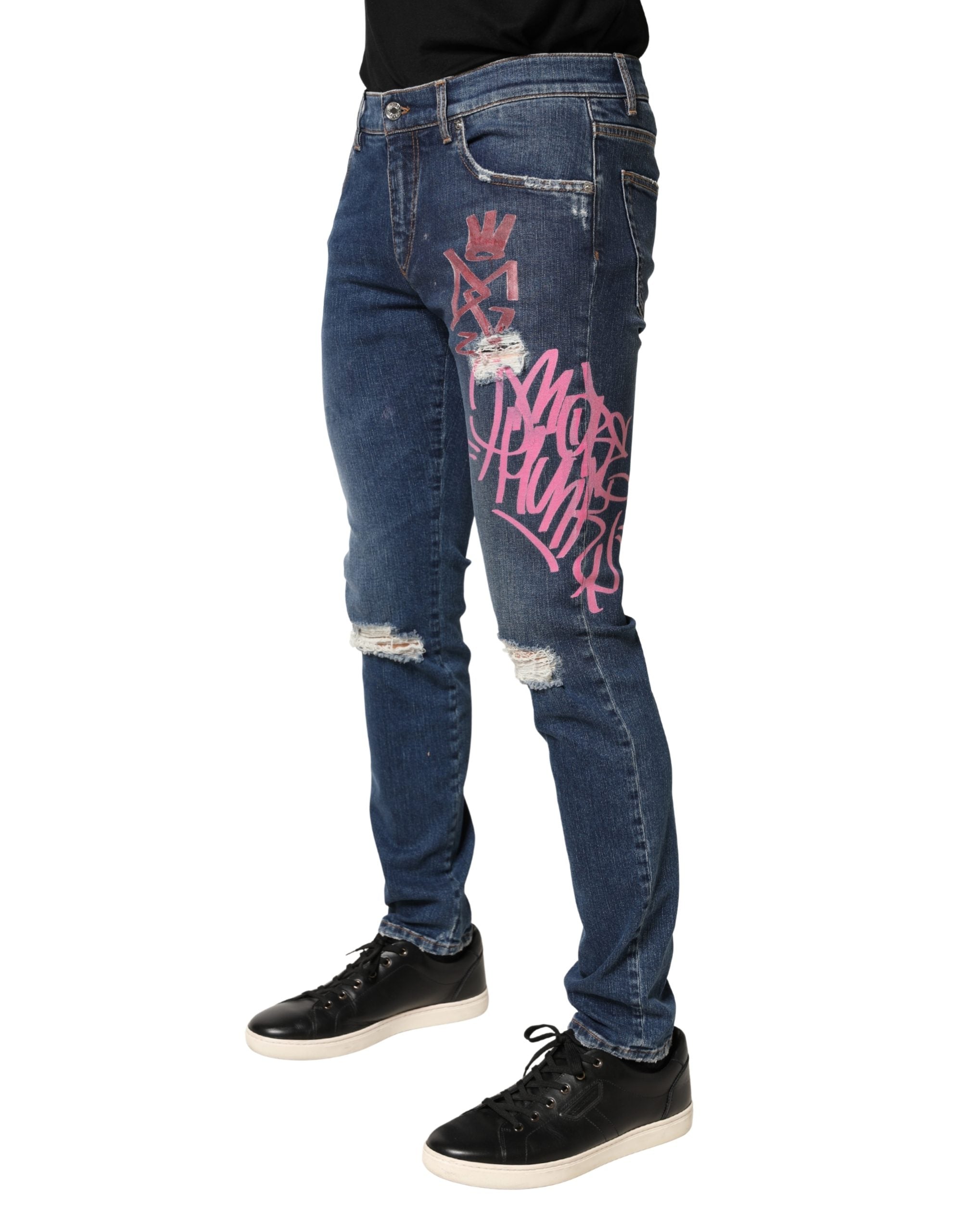Blue Distressed Graffiti Print Skinny Jeans - ventzia