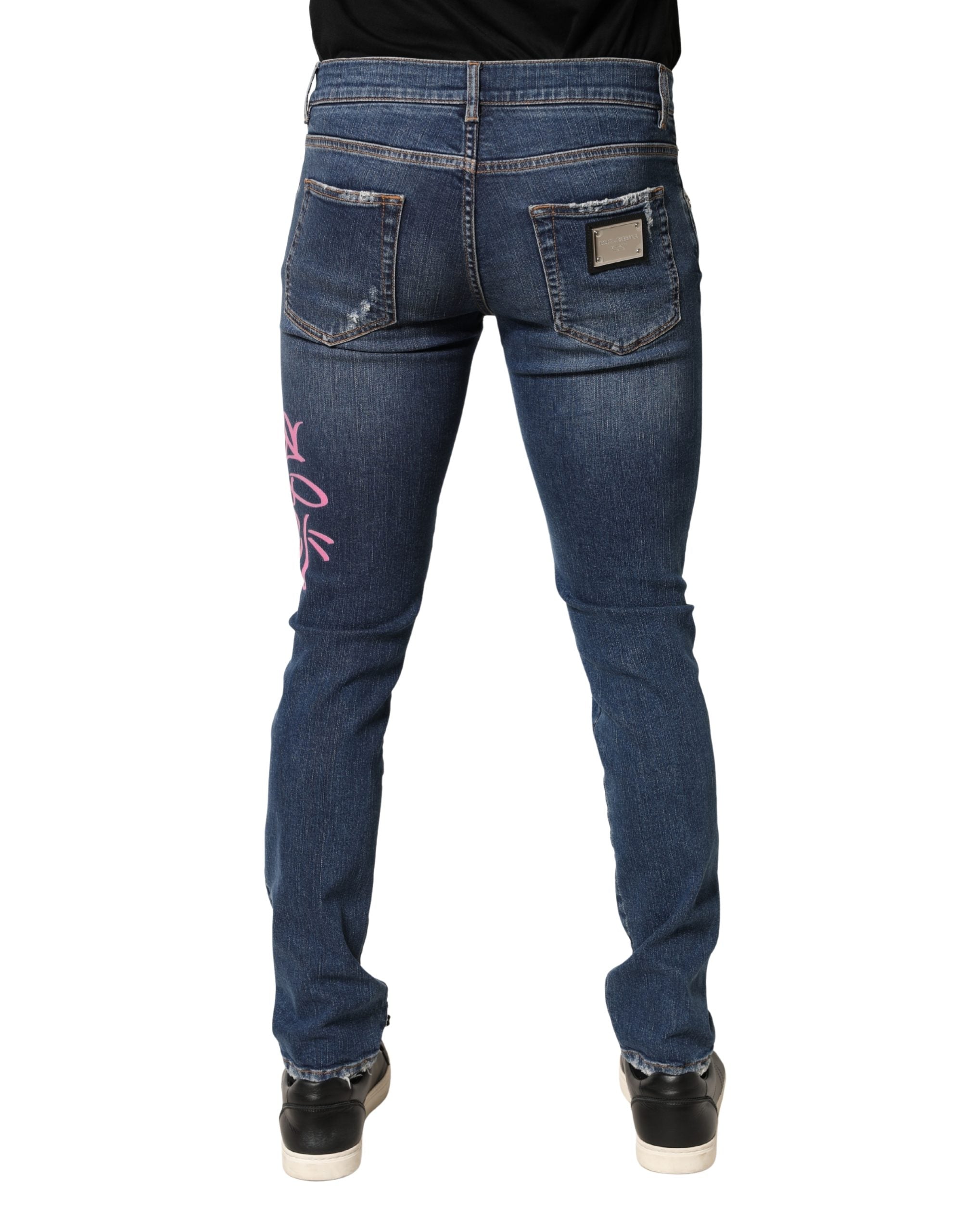 Blue Distressed Graffiti Print Skinny Jeans - ventzia