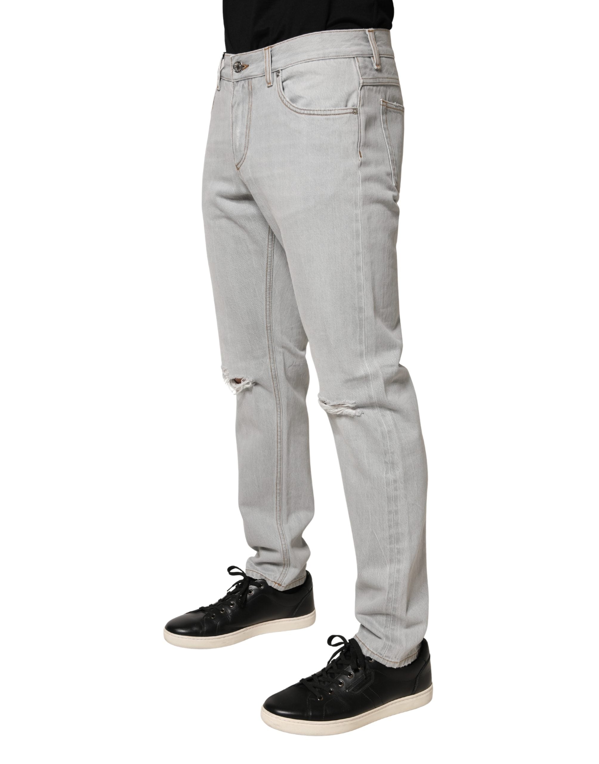 Light Gray Ripped Cotton Regular Denim Jeans - ventzia