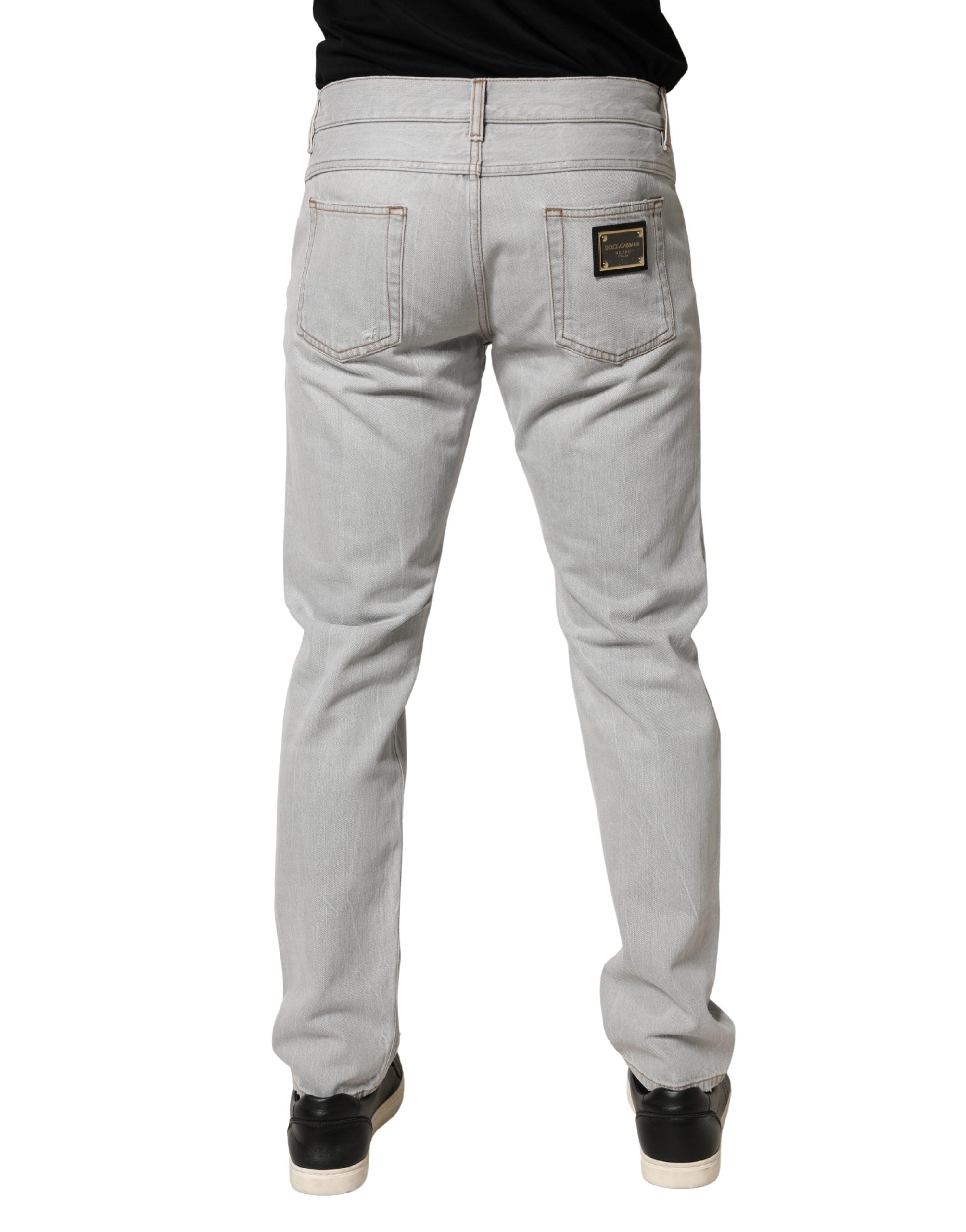 Light Gray Ripped Cotton Regular Denim Jeans - ventzia