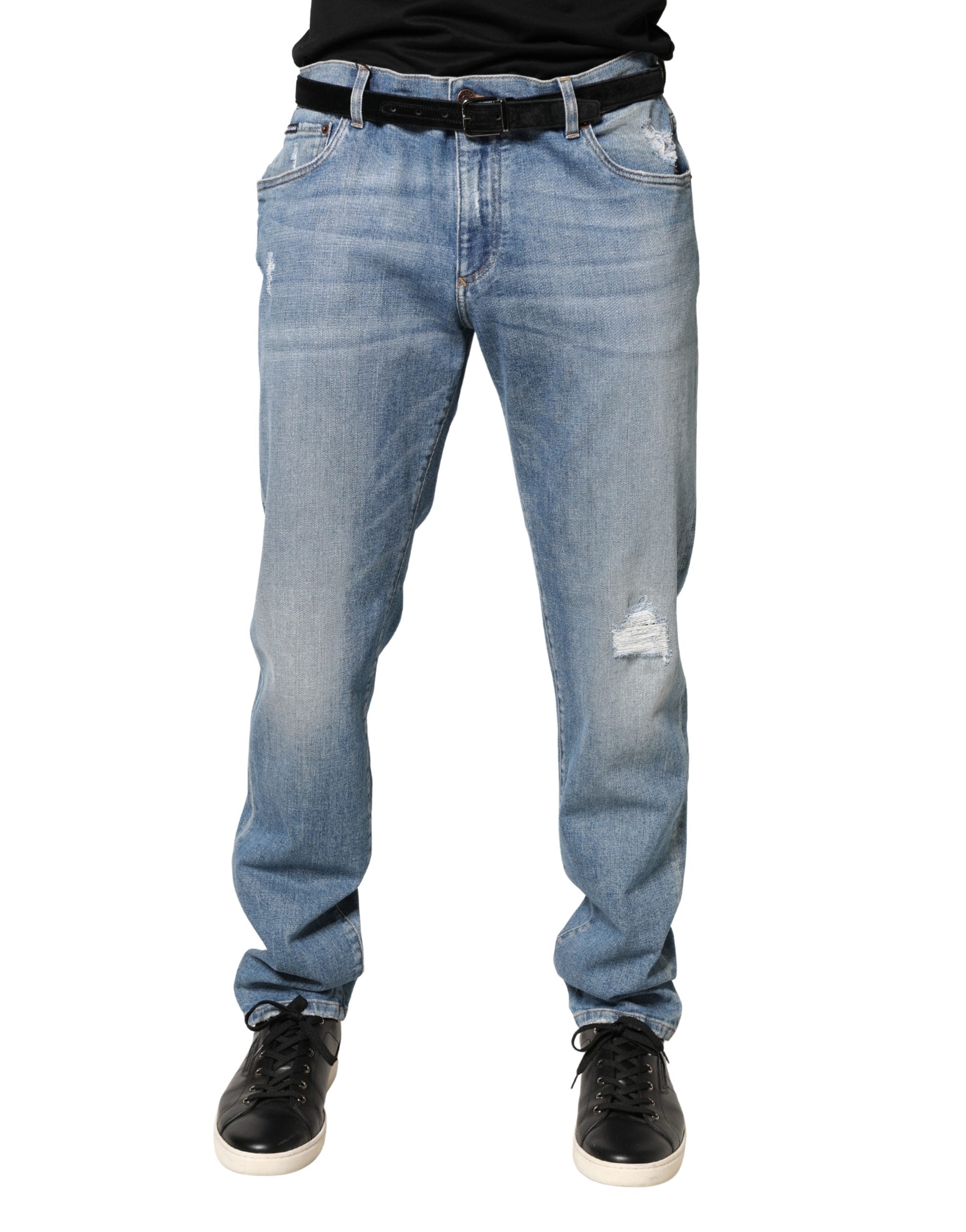 Blue Tattered Slim Fit Men Cotton Denim Jeans - ventzia
