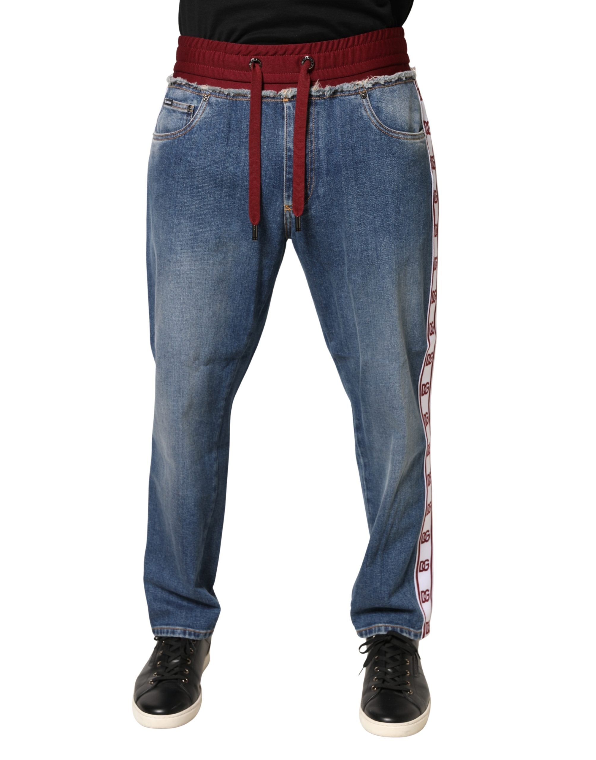 Blue Cotton Drawstring Straight Denim Jeans - ventzia