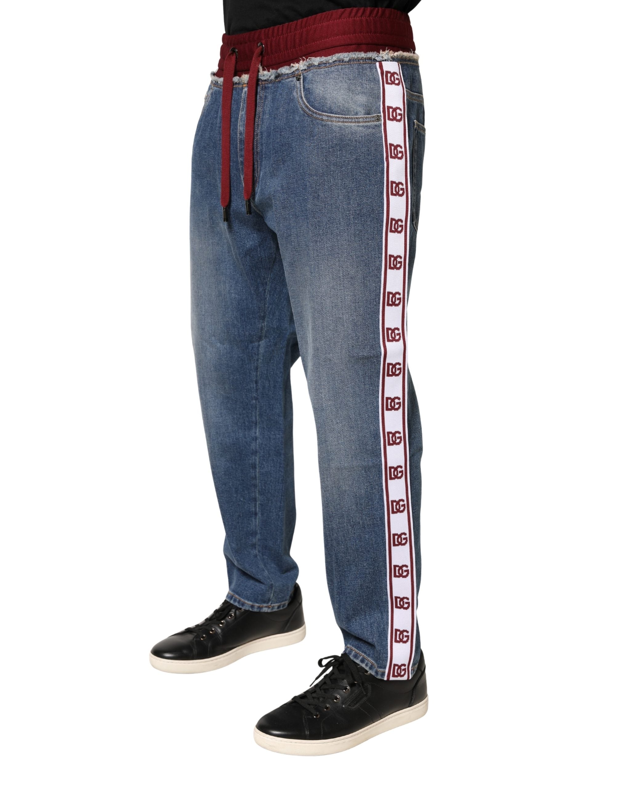 Blue Cotton Drawstring Straight Denim Jeans - ventzia