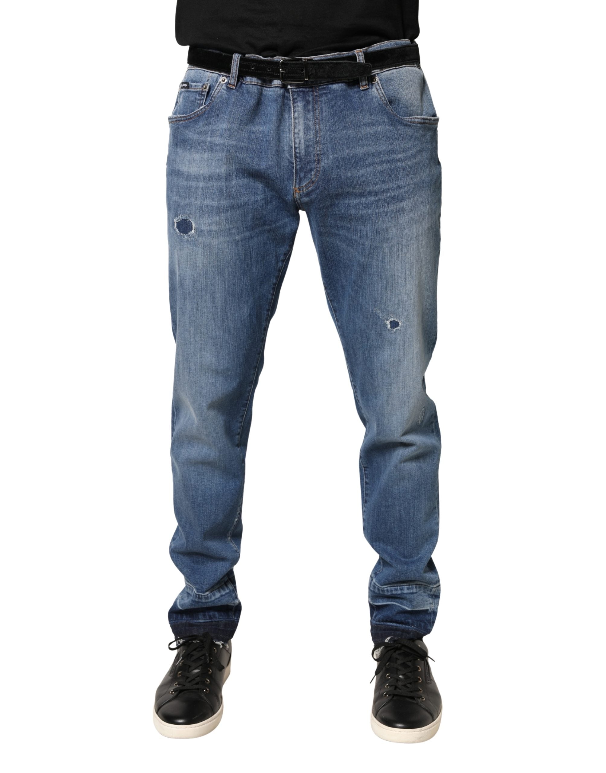 Blue Tattered Skinny Cotton Denim Jeans - ventzia