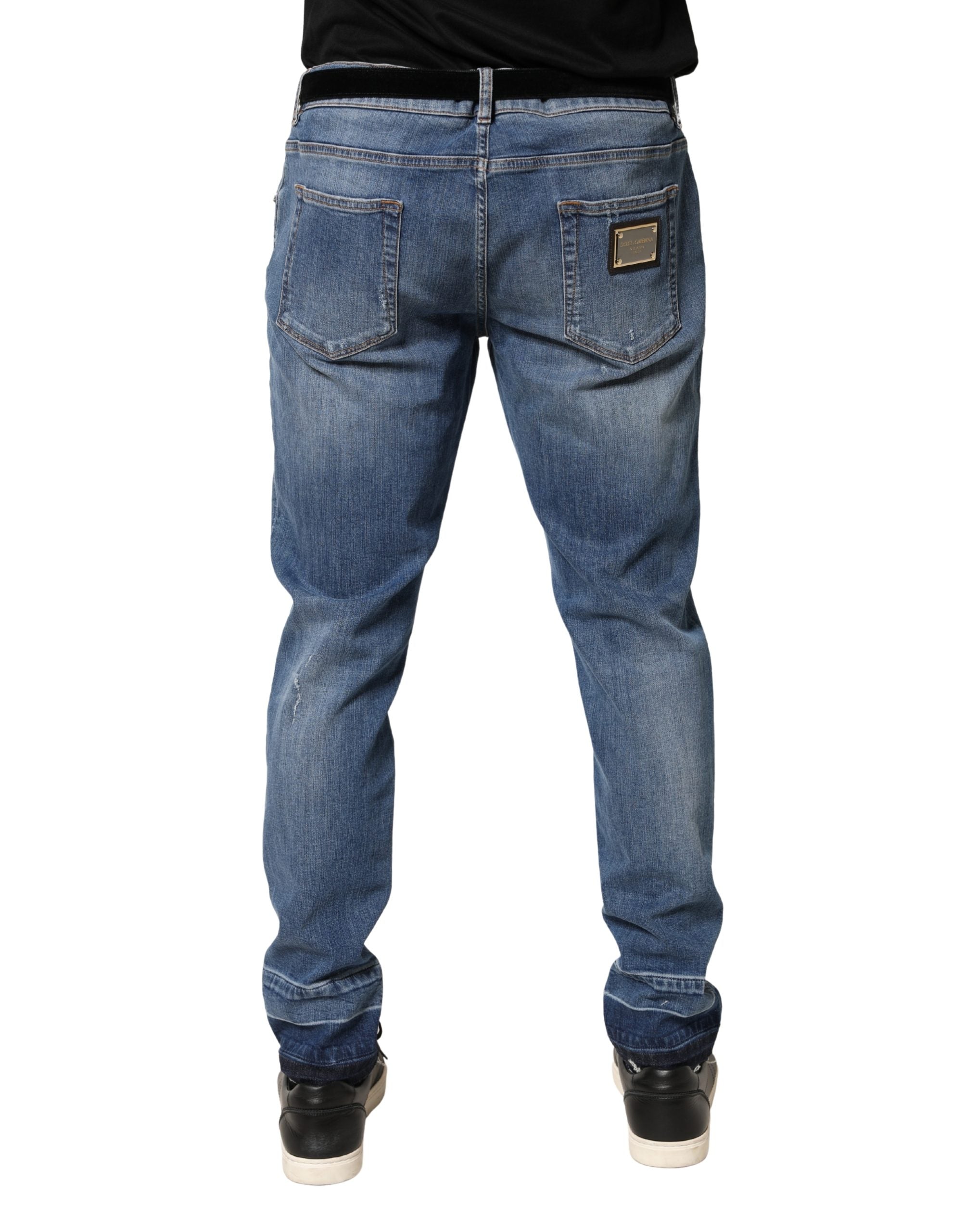 Blue Tattered Skinny Cotton Denim Jeans - ventzia