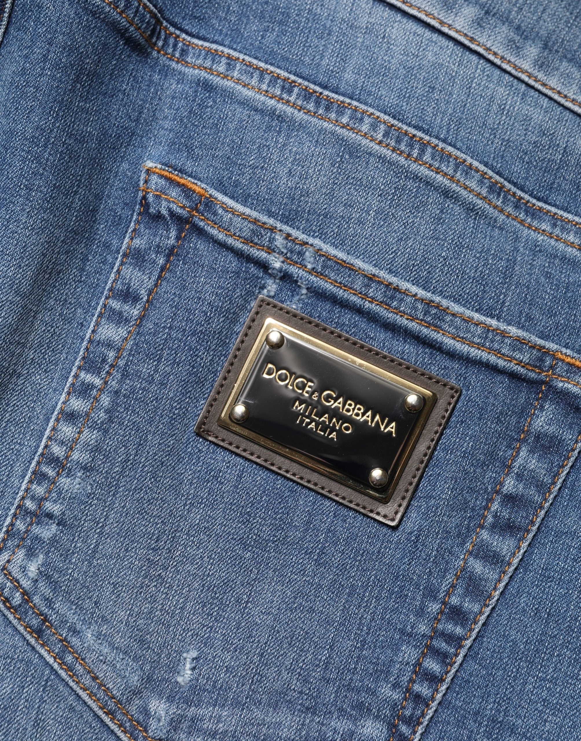 Blue Tattered Skinny Cotton Denim Jeans - ventzia