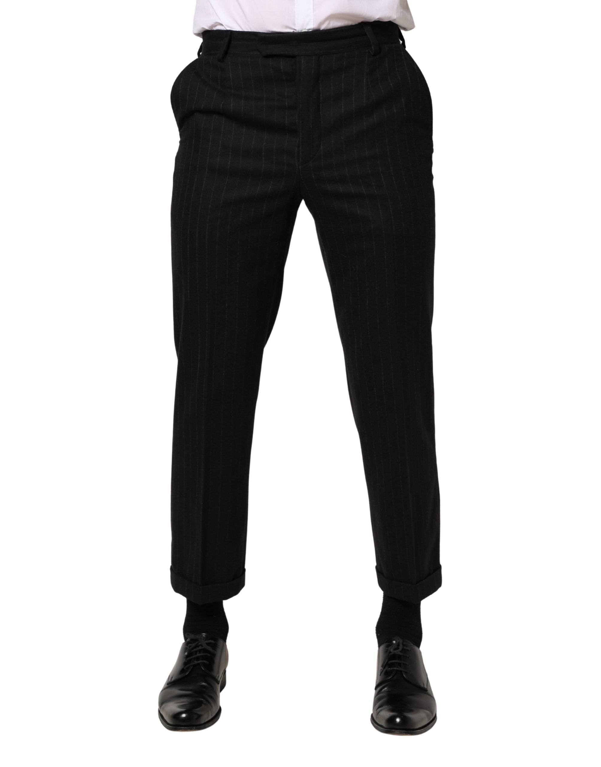 Black Stripes Wool Dress Formal Trouser Pants - ventzia